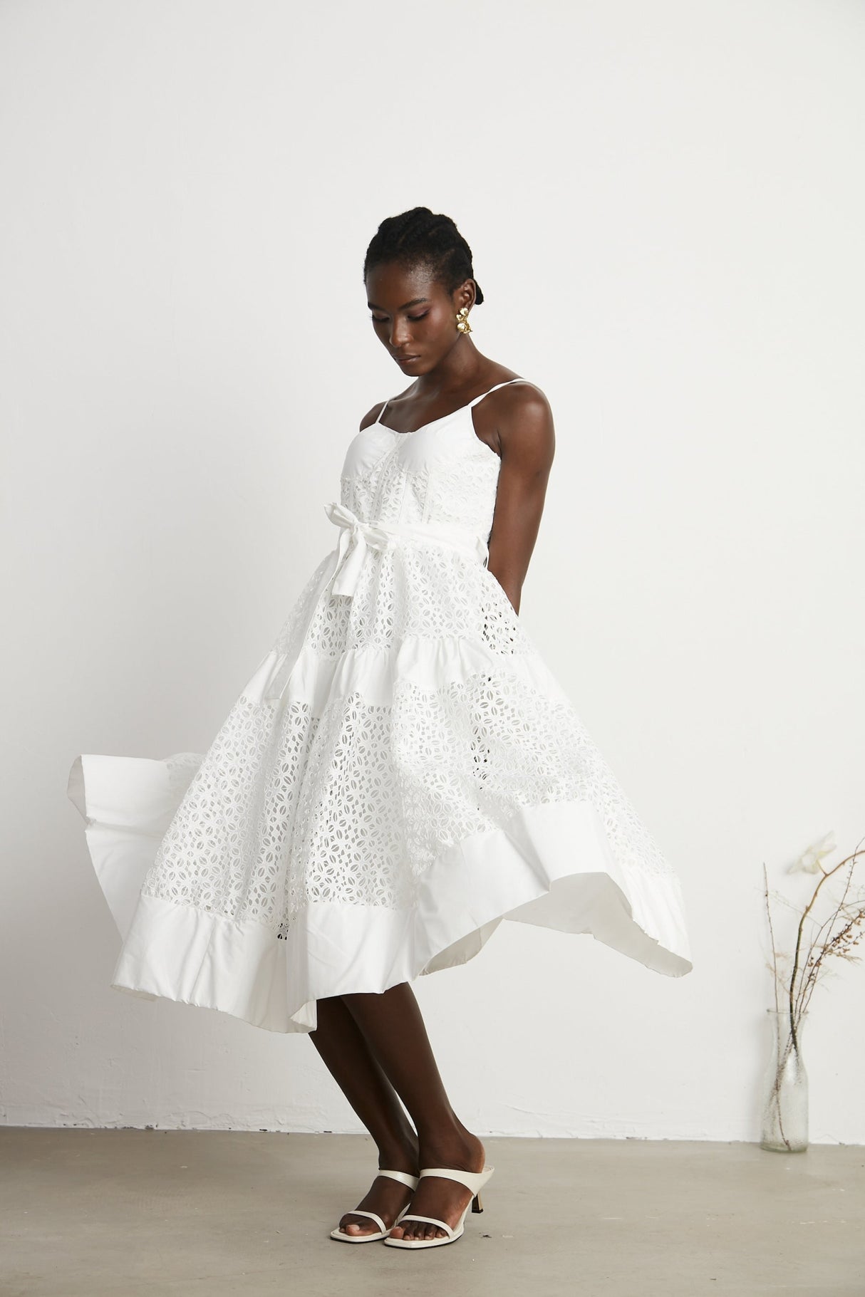 Rylan Midi Dress White Cut Out Belted Spaghetti Straps