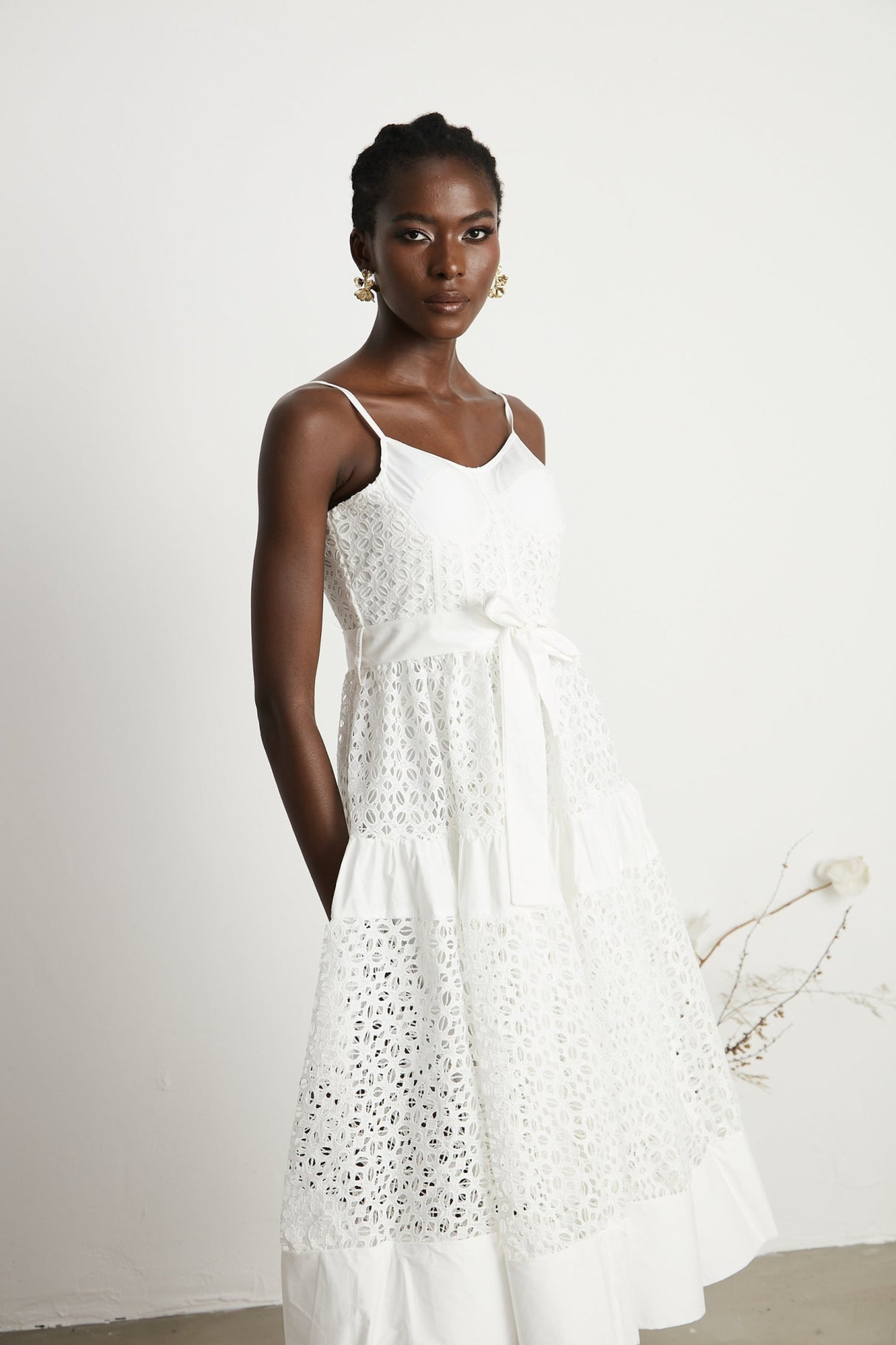 Rylan Midi Dress White Cut Out Belted Spaghetti Straps