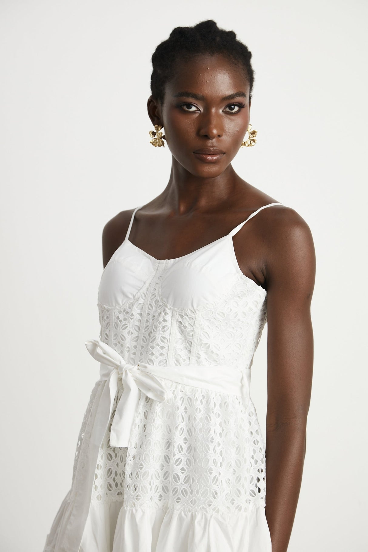 Rylan Midi Dress White Cut Out Belted Spaghetti Straps