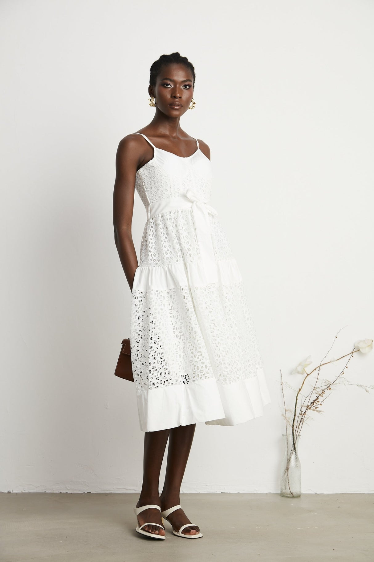 Rylan Midi Dress White Cut Out Belted Spaghetti Straps