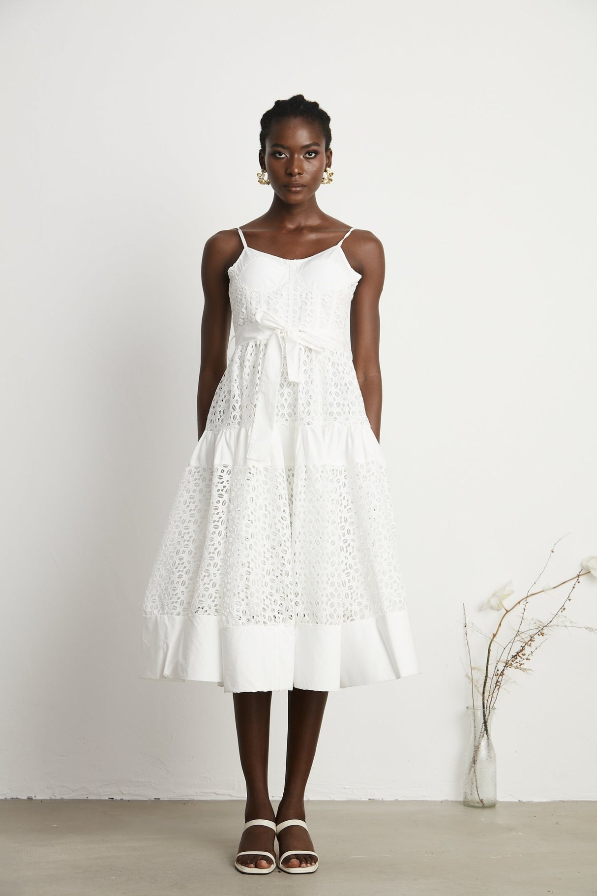 Rylan Midi Dress White Cut Out Belted Spaghetti Straps