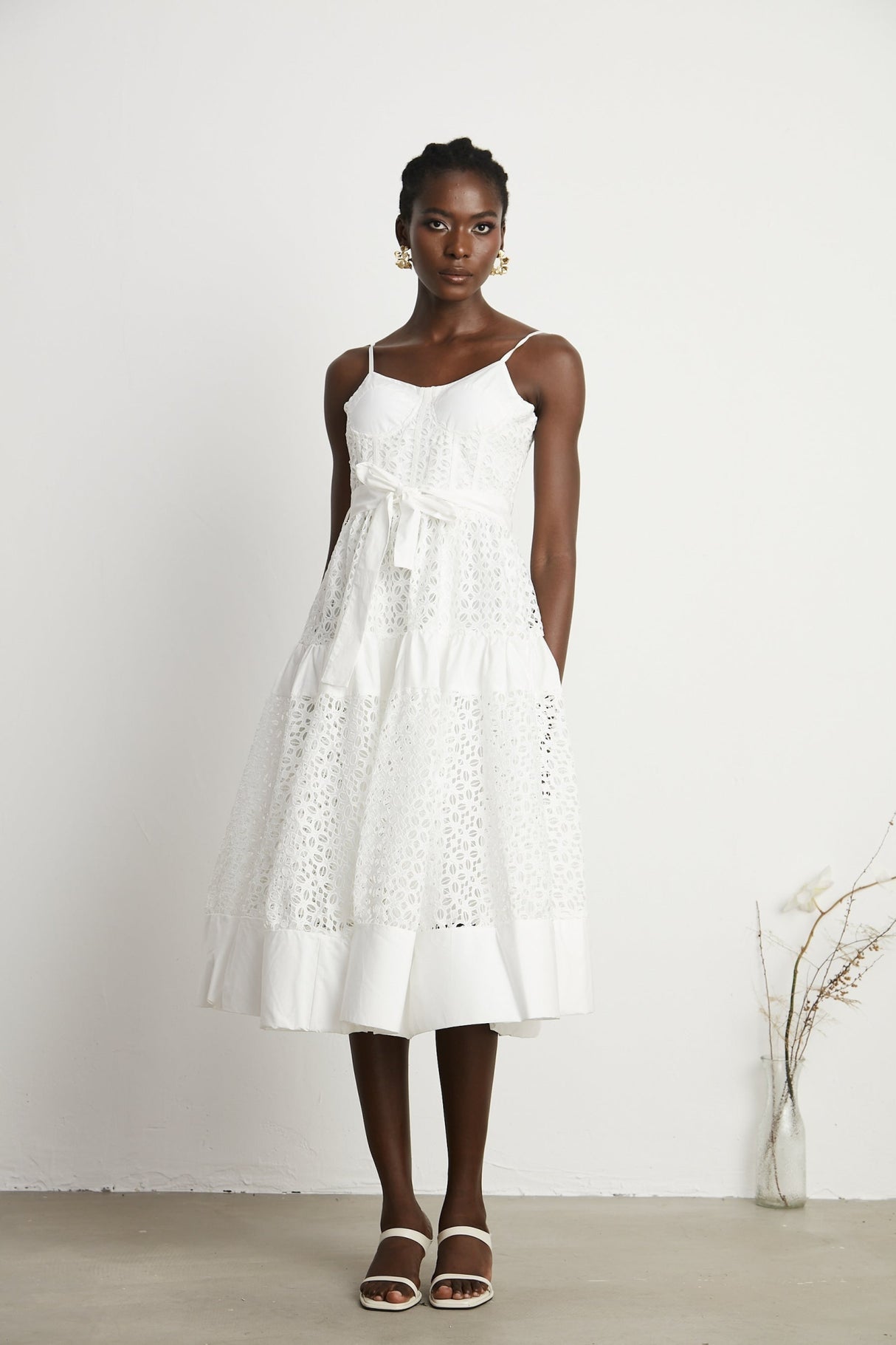 Rylan Midi Dress White Cut Out Belted Spaghetti Straps