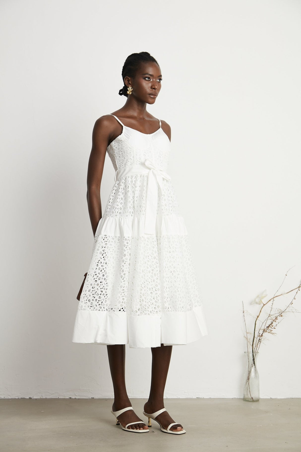 Rylan Midi Dress White Cut Out Belted Spaghetti Straps