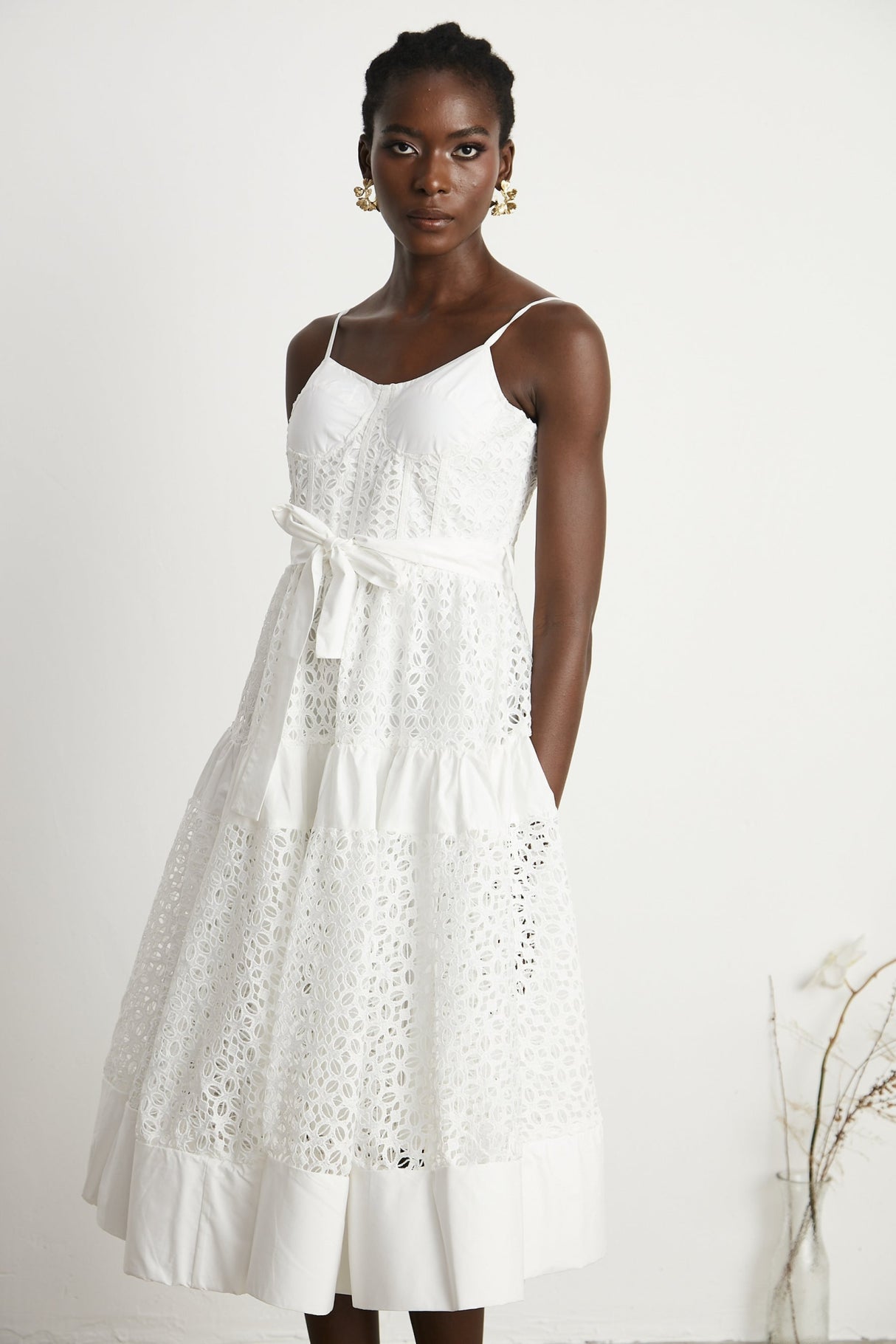 Rylan Midi Dress White Cut Out Belted Spaghetti Straps