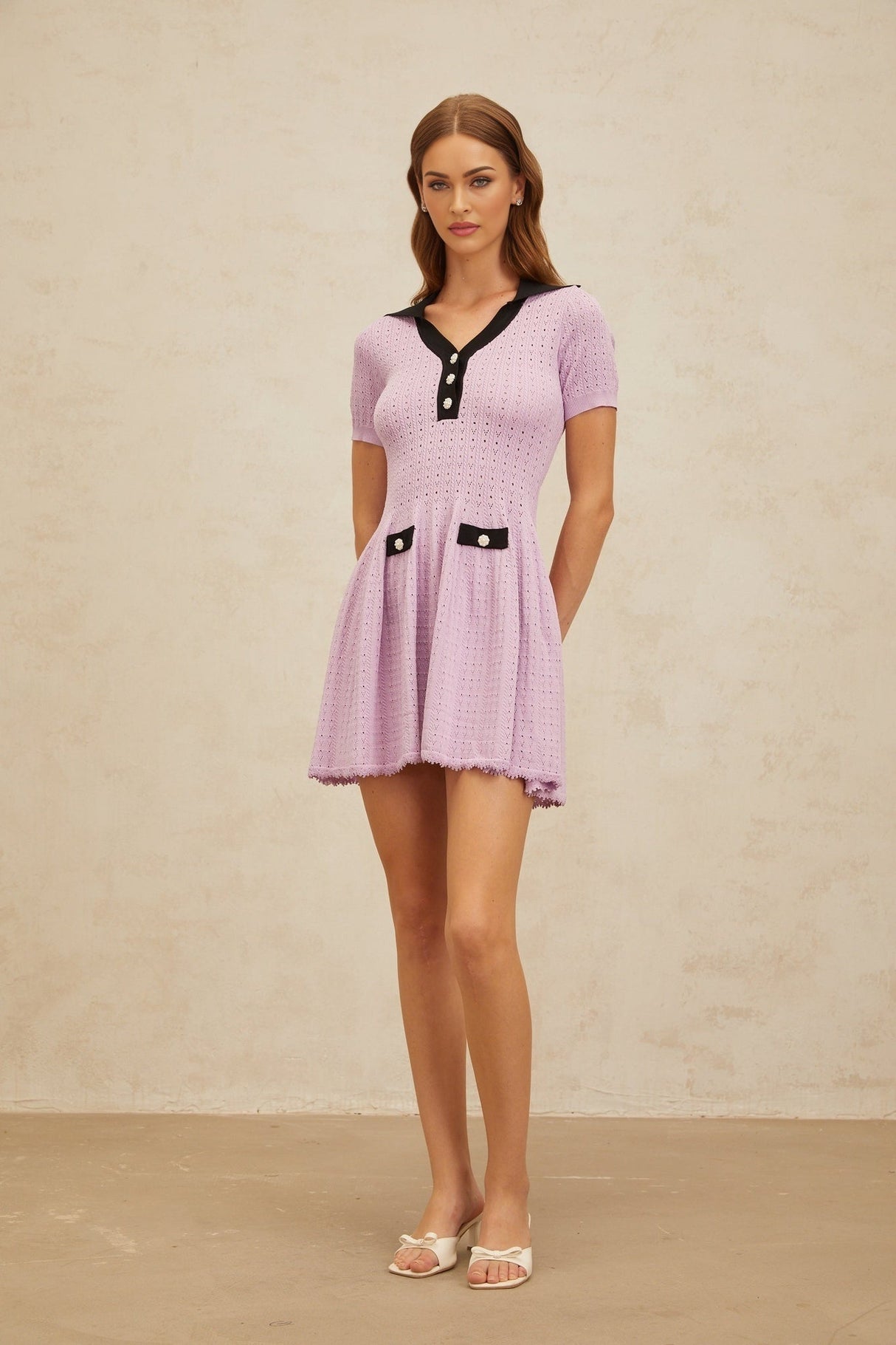 Rylan Mini Dress - Notched Lapels - Pointelle Knit - A - line Silhouette - Decorative Buttons