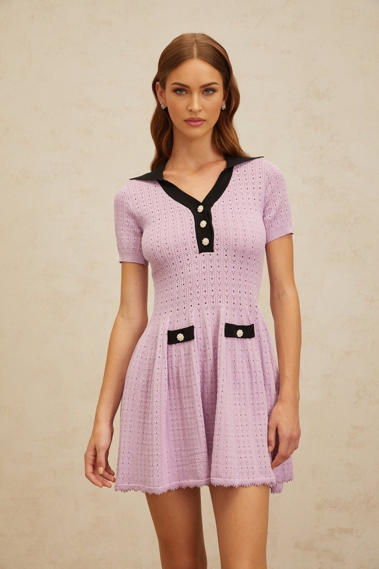 Rylan Mini Dress - Notched Lapels - Pointelle Knit - A - line Silhouette - Decorative Buttons