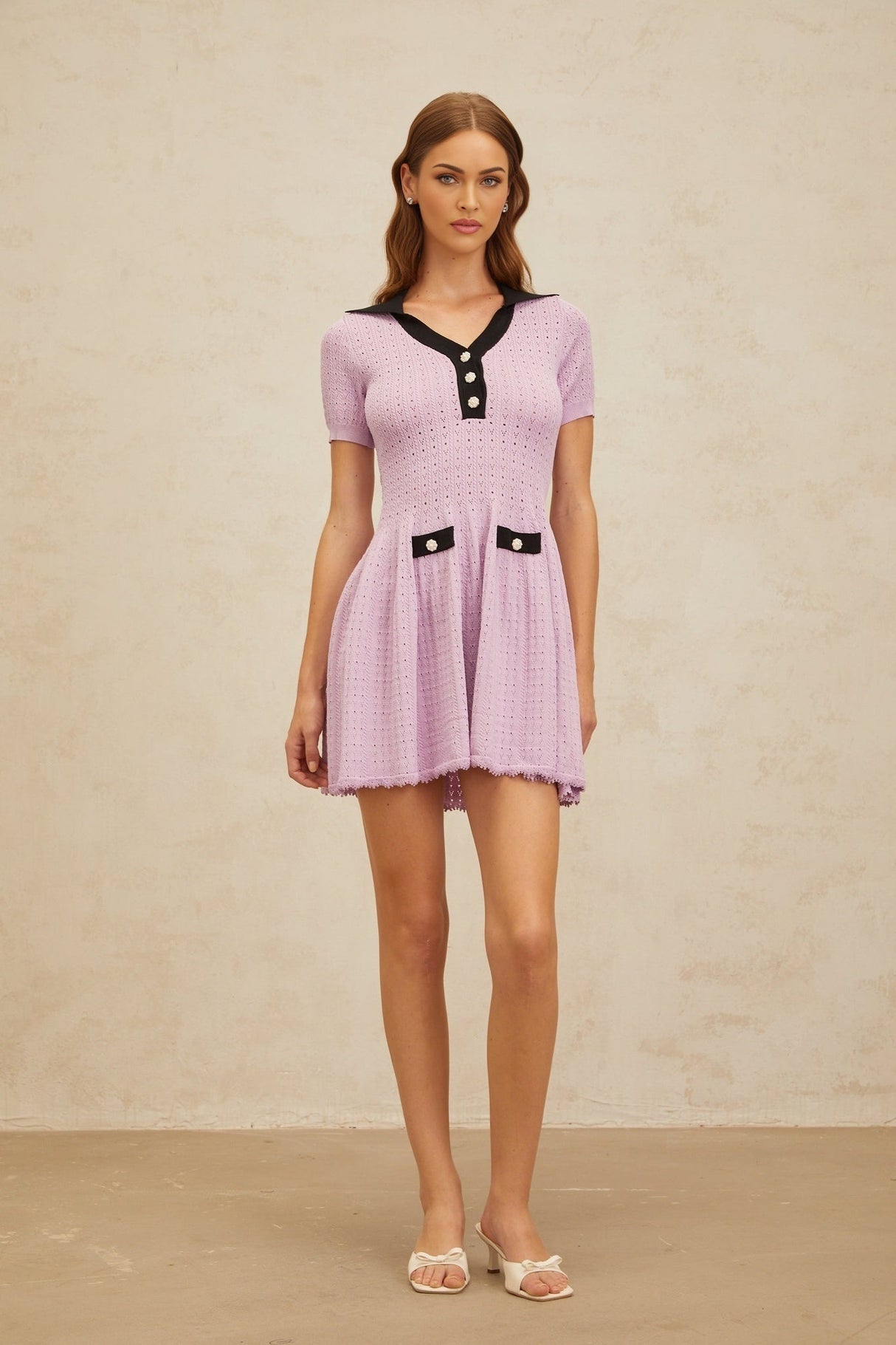 Rylan Mini Dress - Notched Lapels - Pointelle Knit - A - line Silhouette - Decorative Buttons