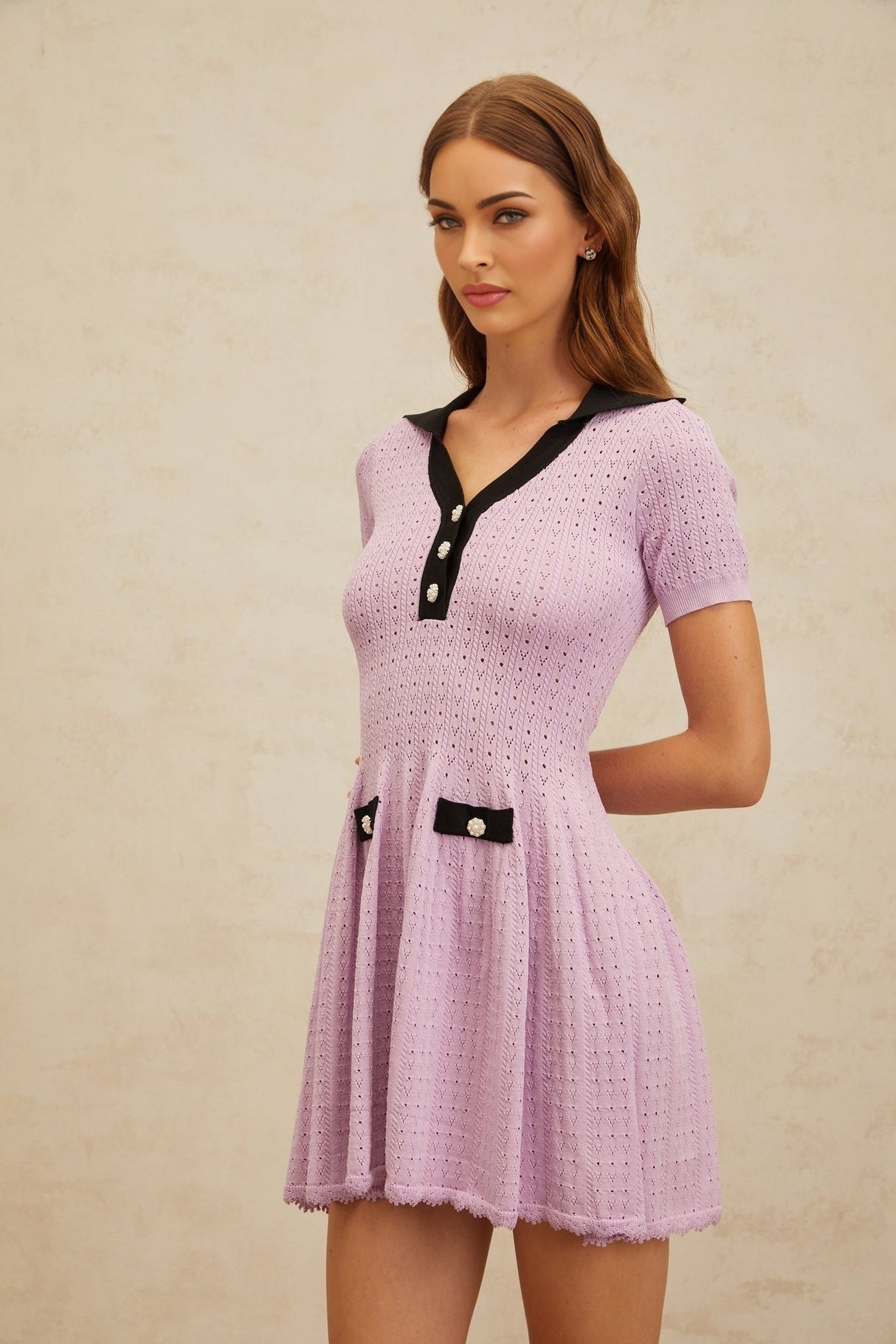 Rylan Mini Dress - Notched Lapels - Pointelle Knit - A - line Silhouette - Decorative Buttons