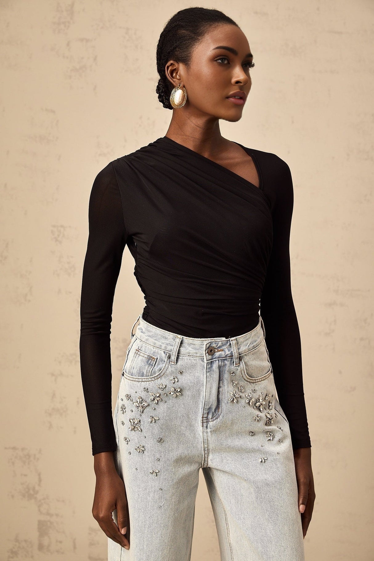 Rylee Bodysuit Black Split Asymmetric Snap Fit & Long Sleeve