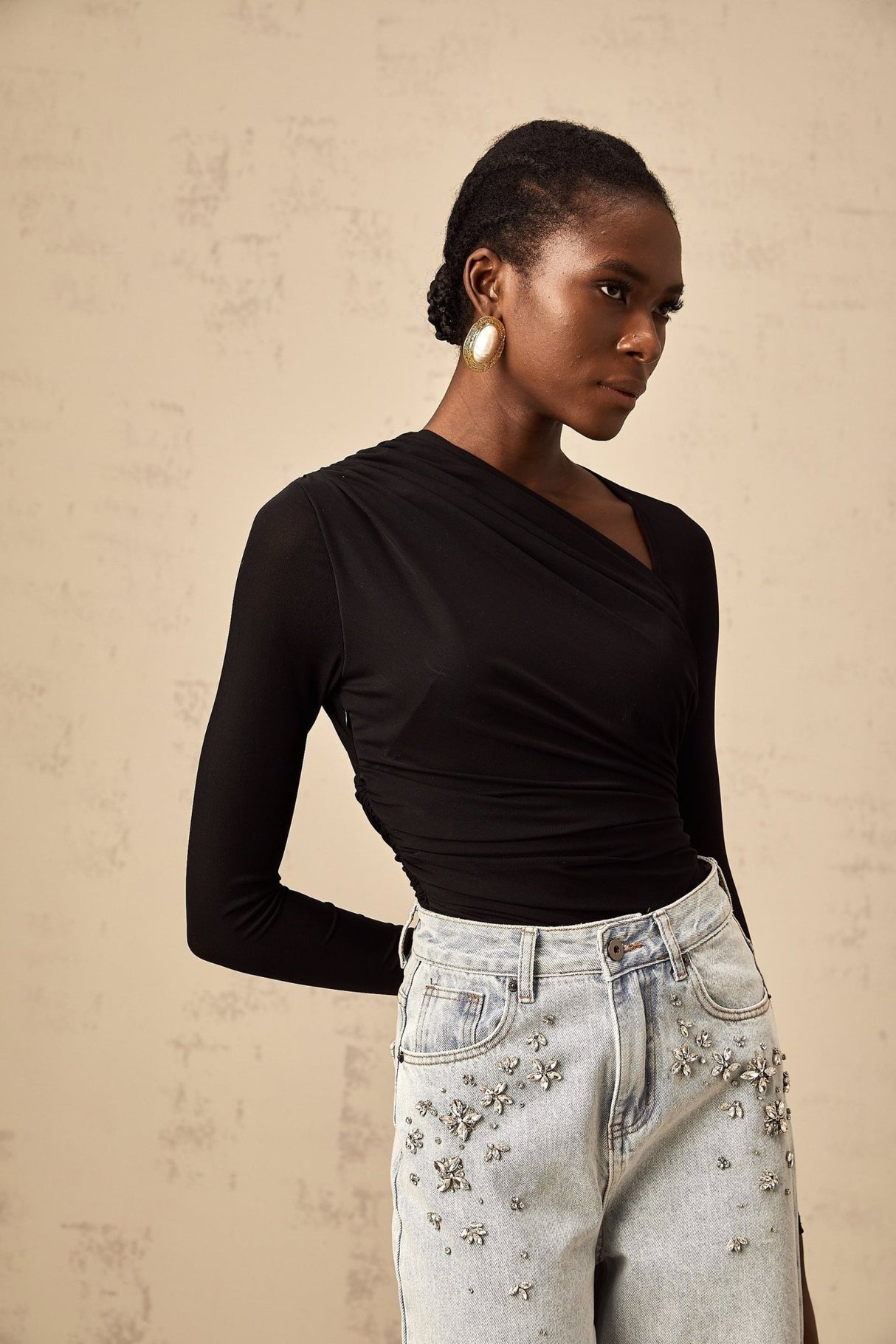 Rylee Bodysuit Black Split Asymmetric Snap Fit & Long Sleeve