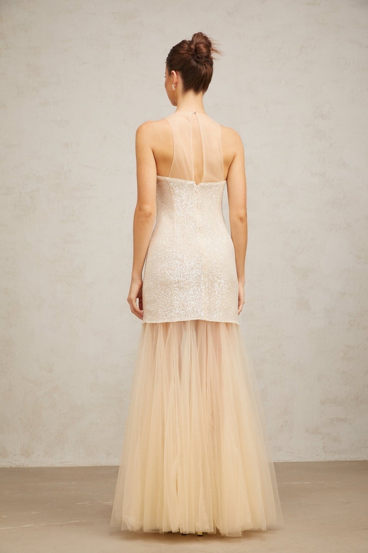 Sabrina Maxi Dress in Champagne with Sequin Embellishments