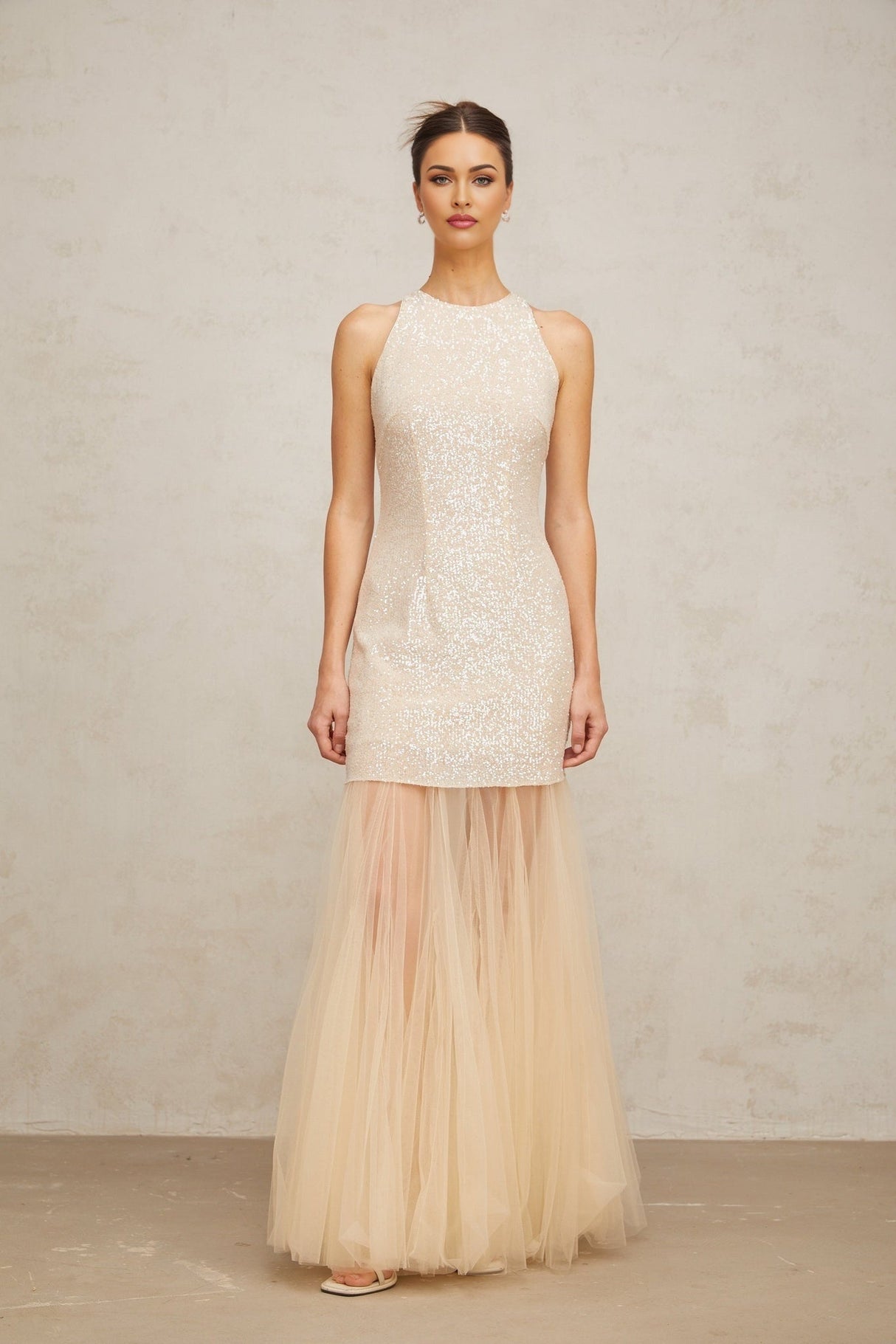 Sabrina Maxi Dress in Champagne with Sequin Embellishments