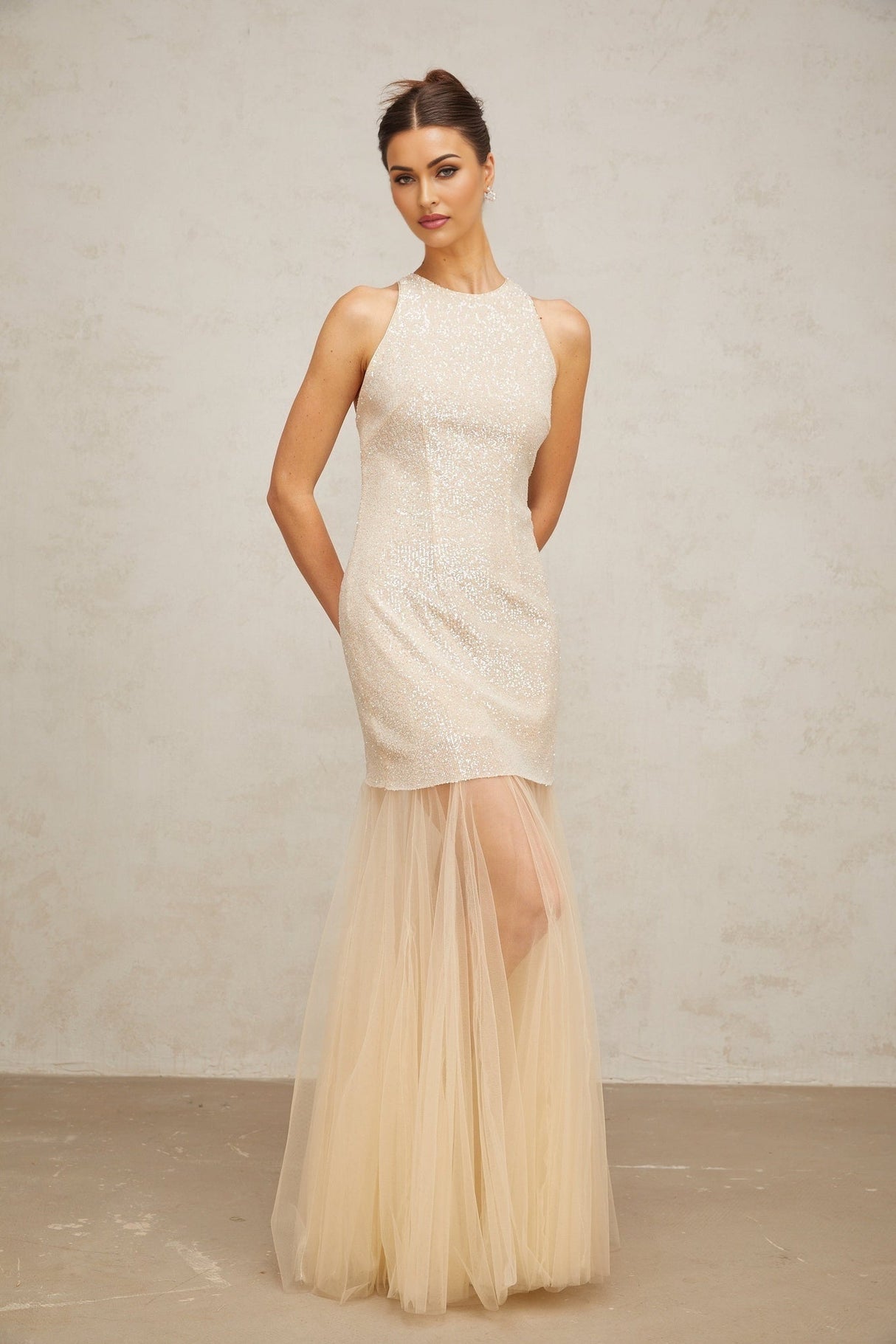 Sabrina Maxi Dress in Champagne with Sequin Embellishments