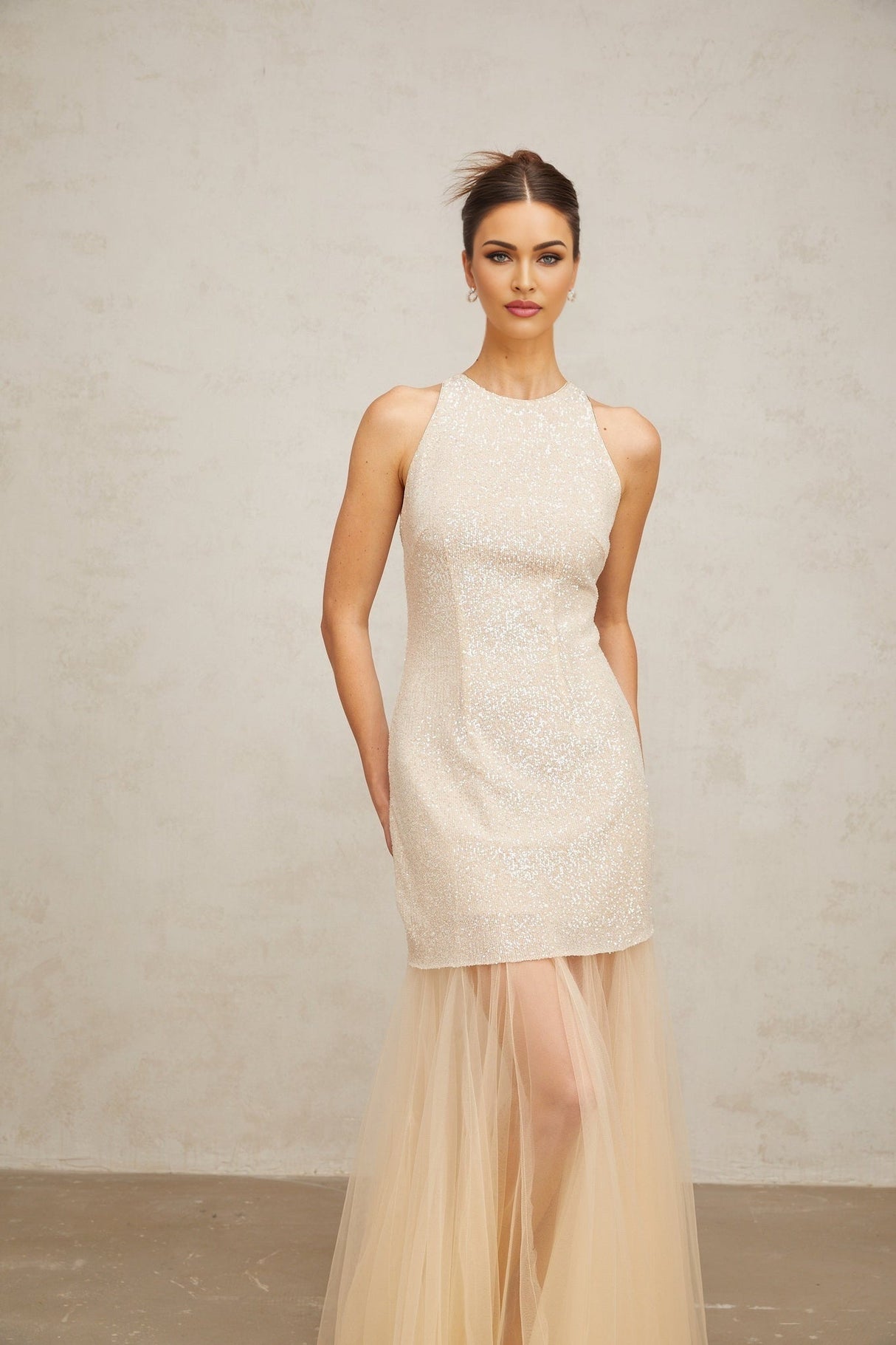 Sabrina Maxi Dress in Champagne with Sequin Embellishments