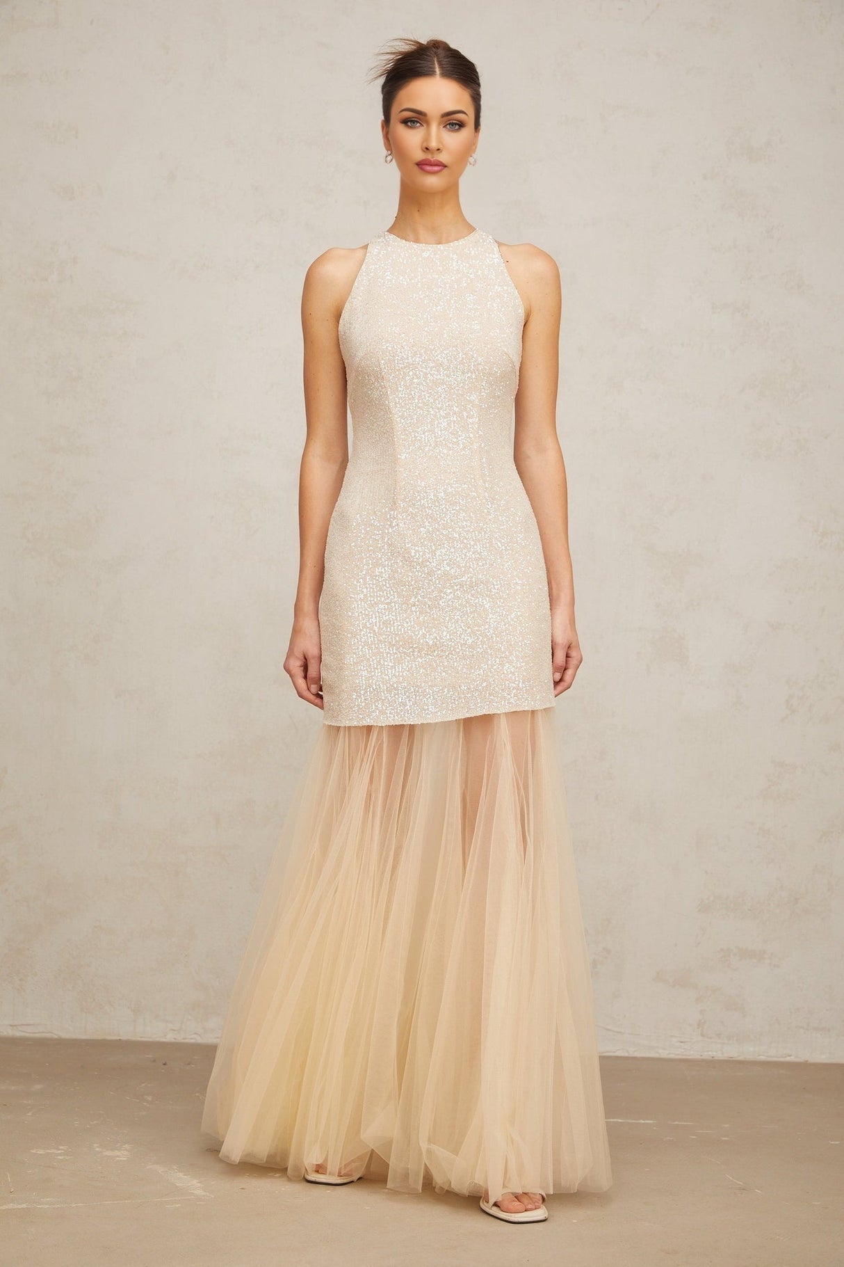 Sabrina Maxi Dress in Champagne with Sequin Embellishments