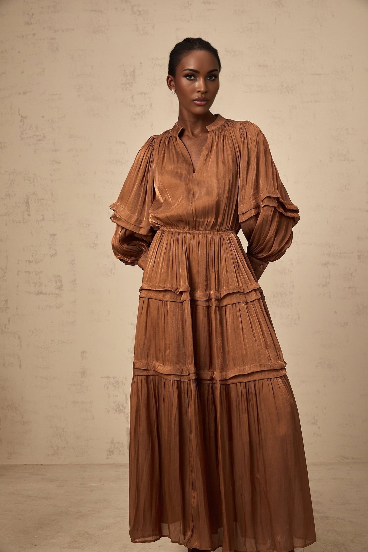 Sabrina Maxi Dress in Warm Brown with Ruffled Trim