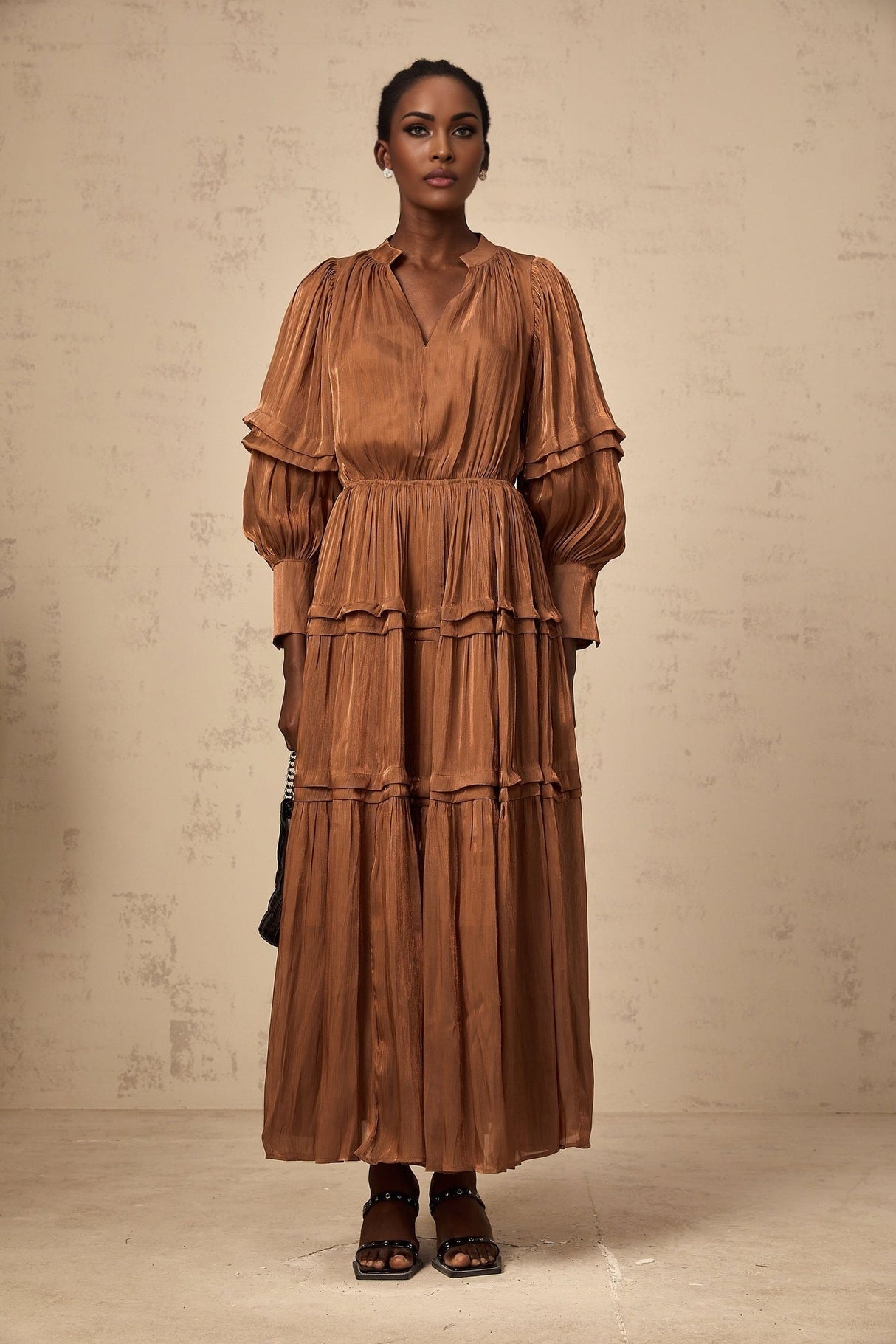Sabrina Maxi Dress in Warm Brown with Ruffled Trim
