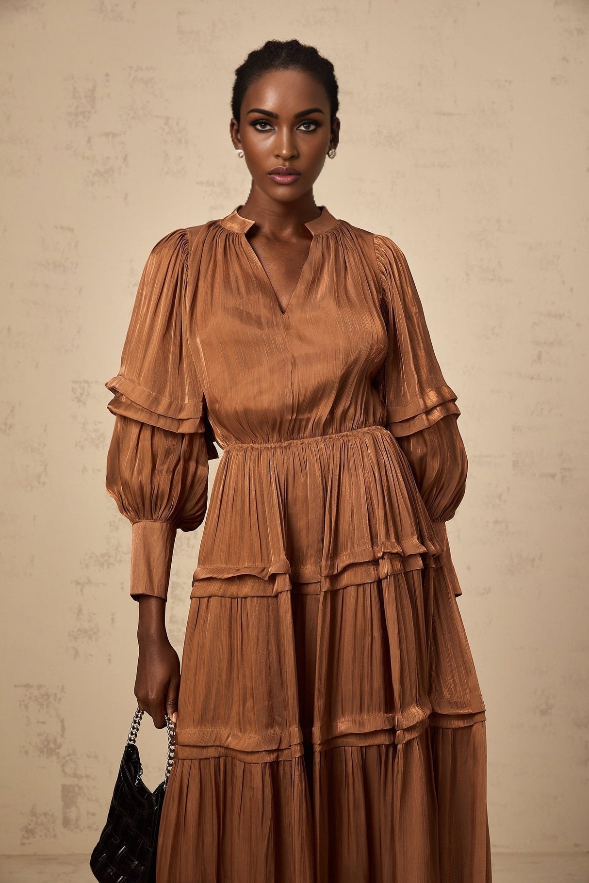 Sabrina Maxi Dress in Warm Brown with Ruffled Trim
