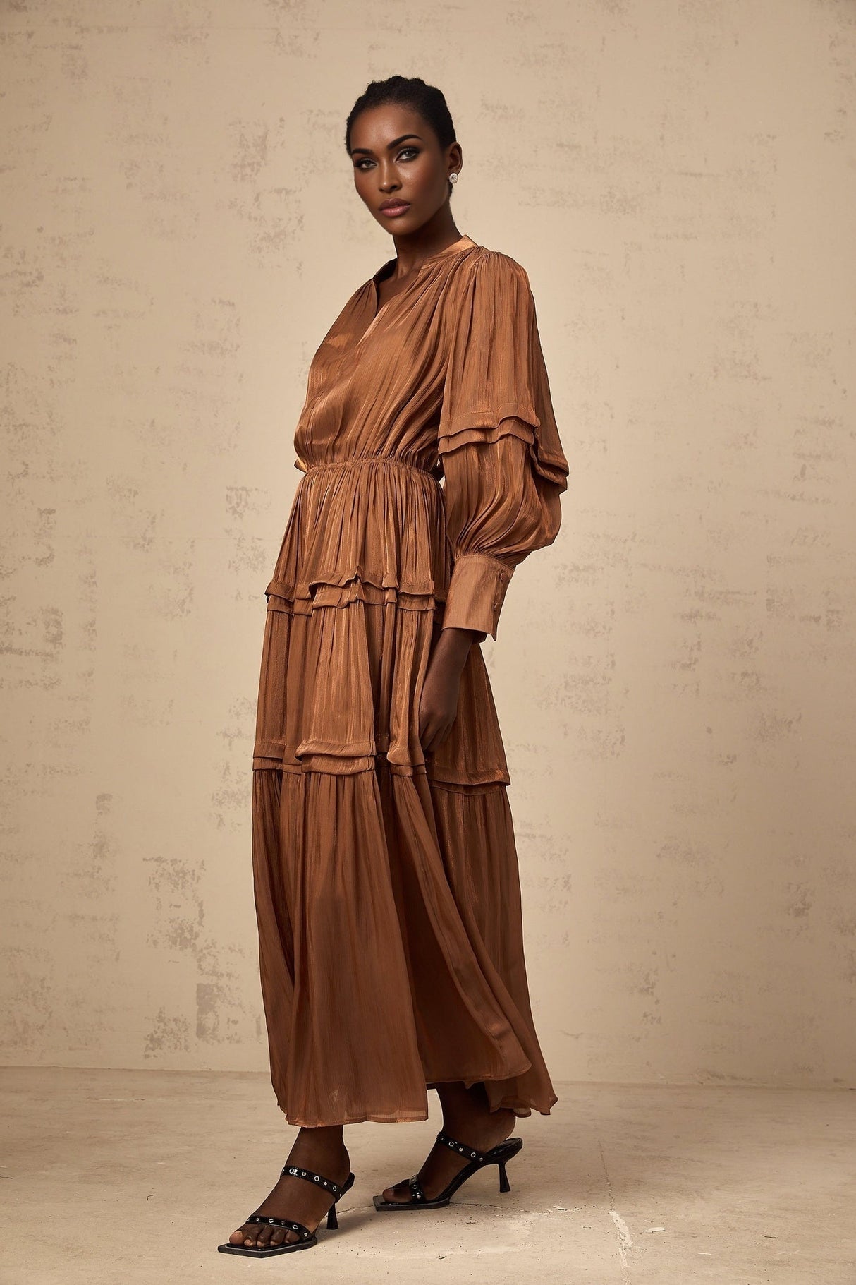 Sabrina Maxi Dress in Warm Brown with Ruffled Trim