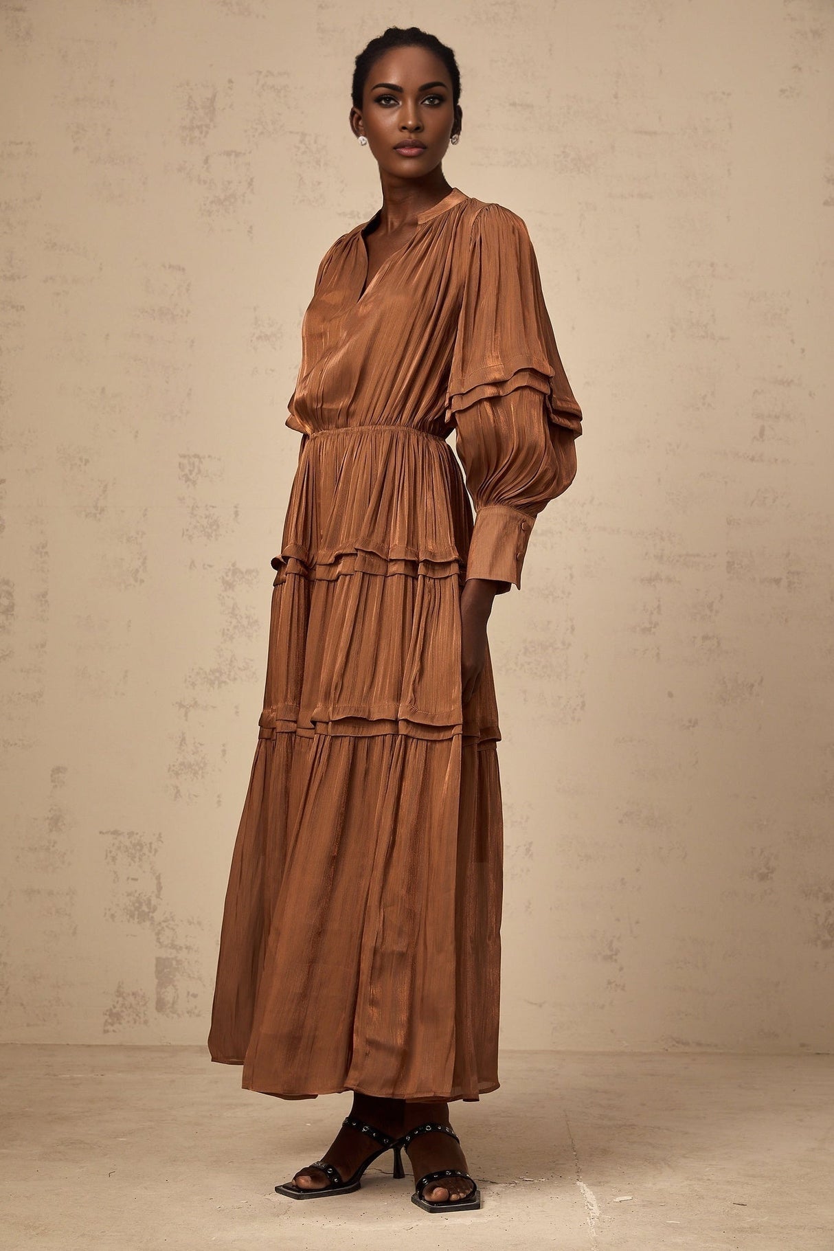 Sabrina Maxi Dress in Warm Brown with Ruffled Trim