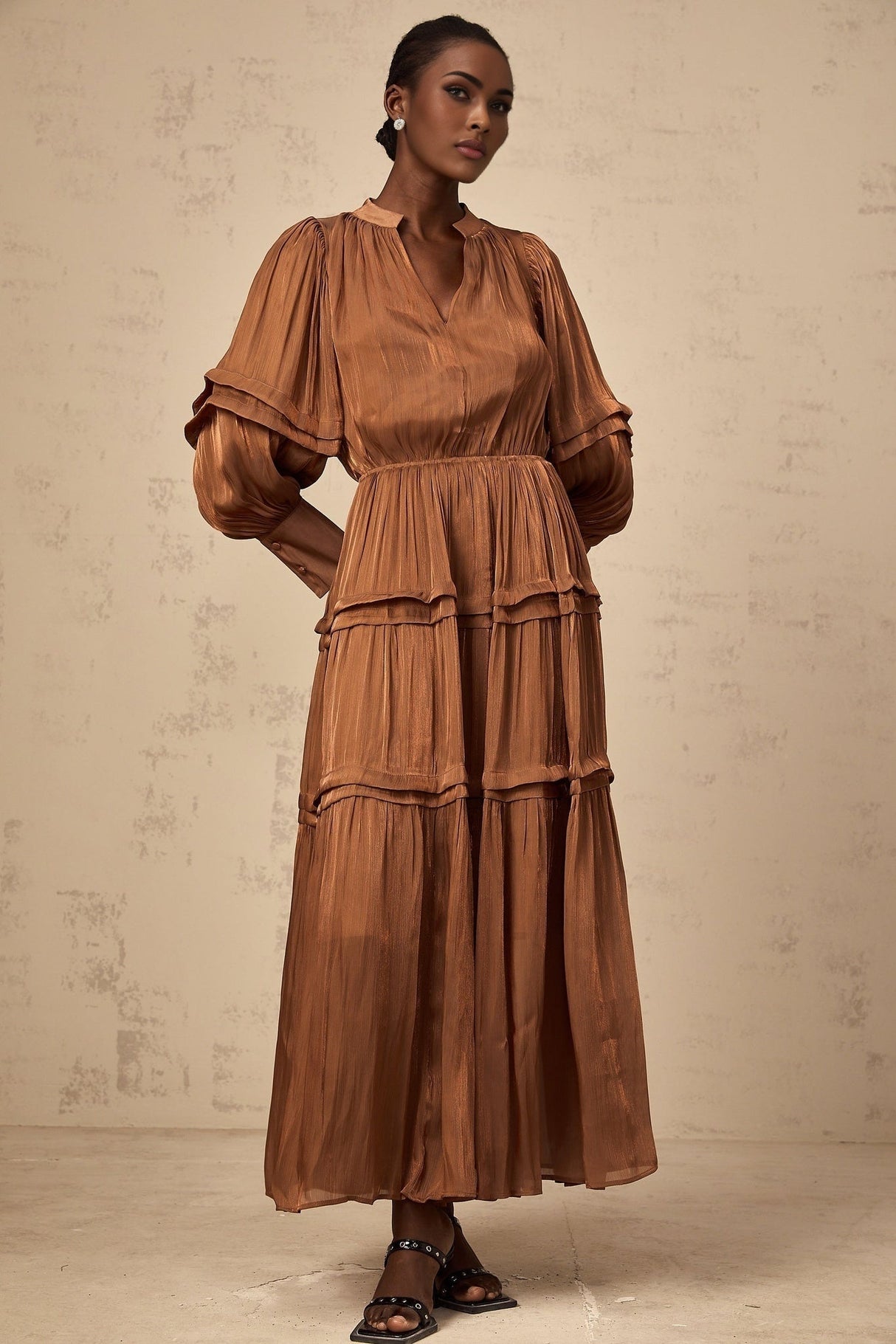 Sabrina Maxi Dress in Warm Brown with Ruffled Trim