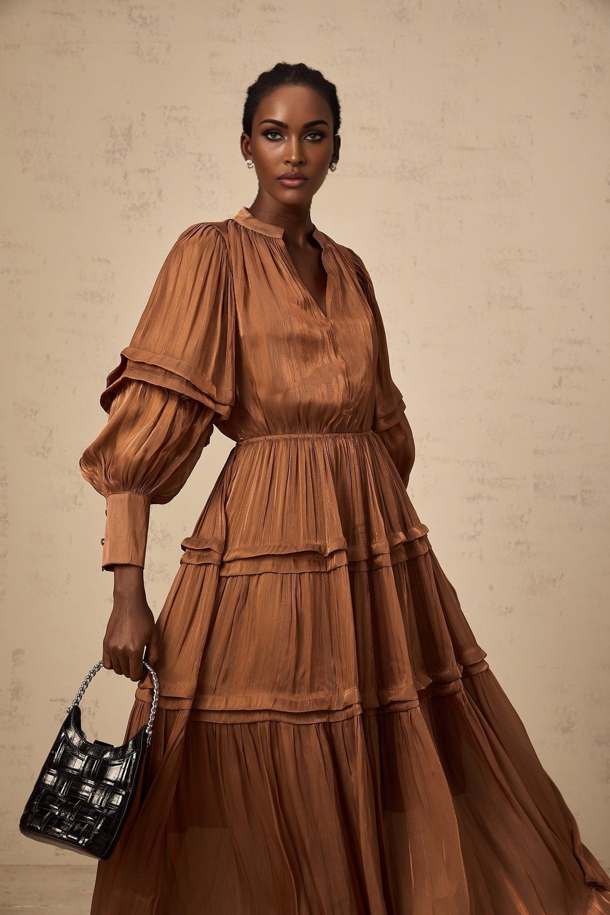 Sabrina Maxi Dress in Warm Brown with Ruffled Trim