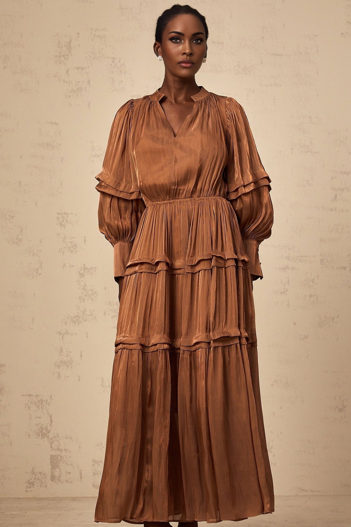 Sabrina Maxi Dress in Warm Brown with Ruffled Trim