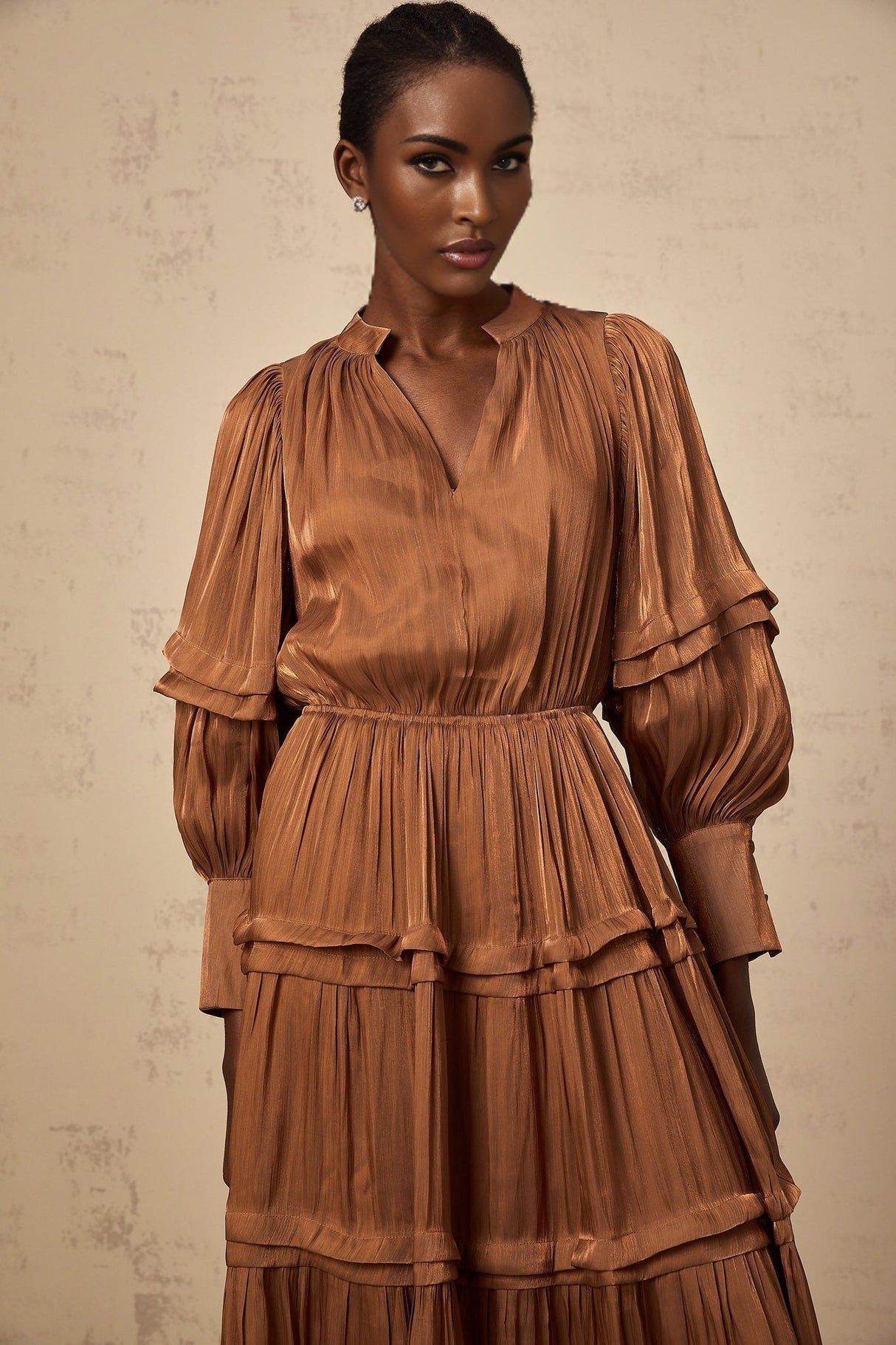 Sabrina Maxi Dress in Warm Brown with Ruffled Trim