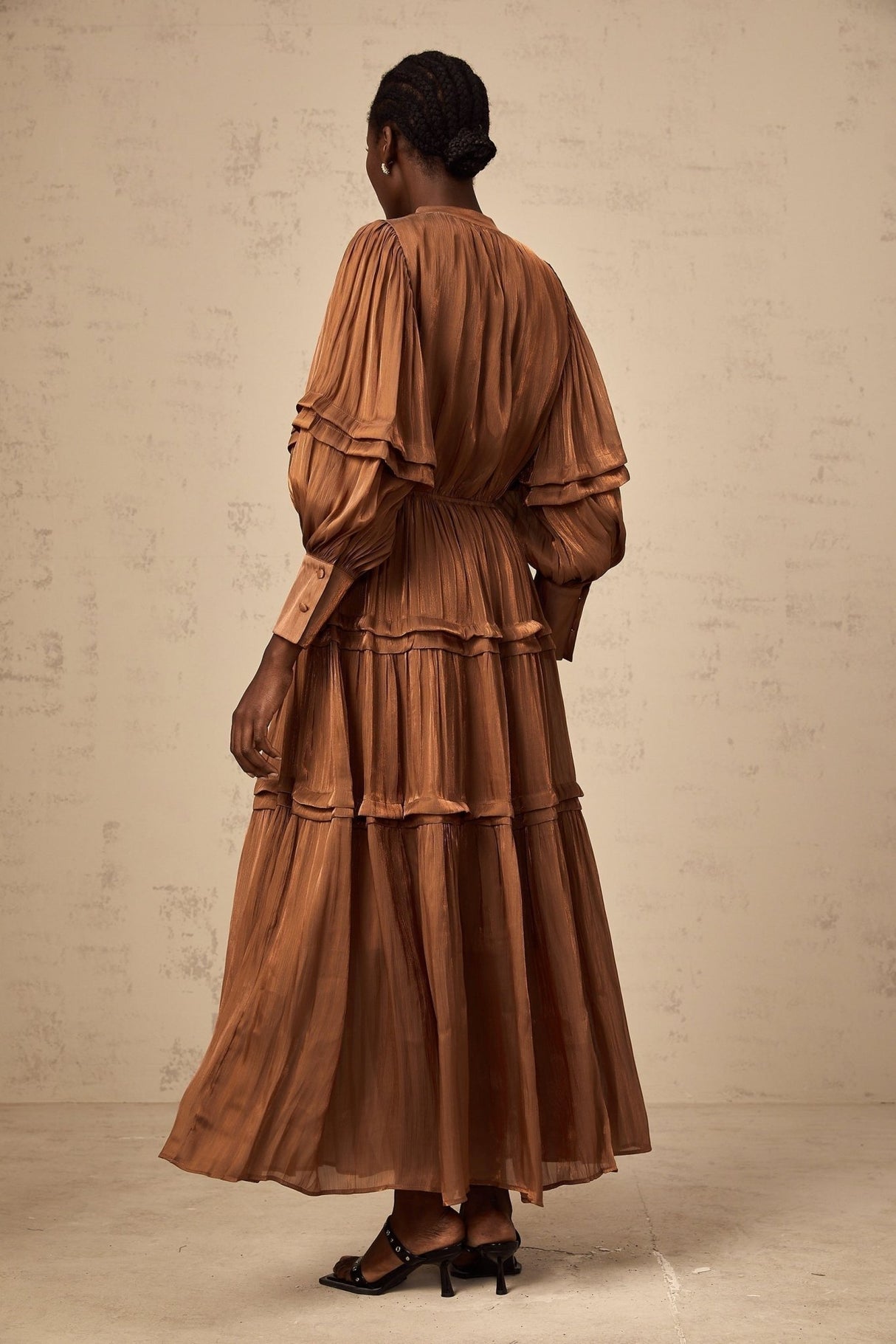 Sabrina Maxi Dress in Warm Brown with Ruffled Trim
