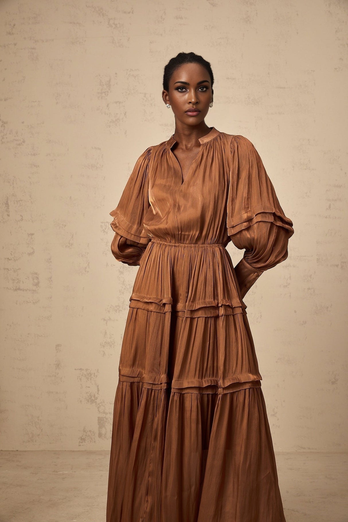 Sabrina Maxi Dress in Warm Brown with Ruffled Trim