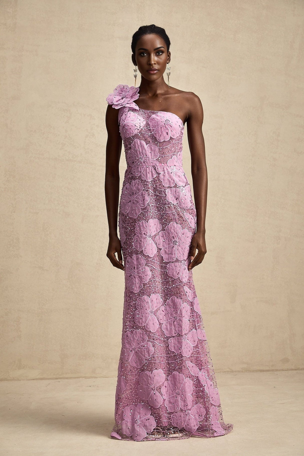Sabrina Maxi Dress Purple Floral 3D Appliqué One - Shoulder