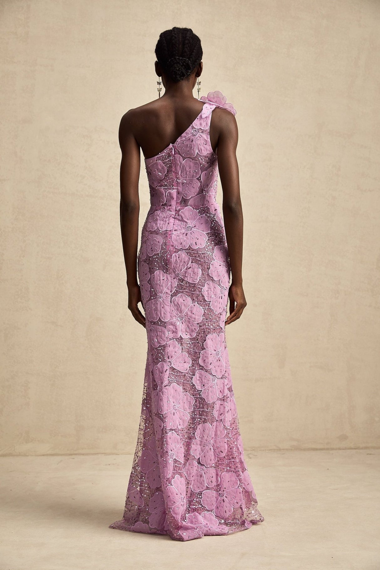 Sabrina Maxi Dress Purple Floral 3D Appliqué One - Shoulder