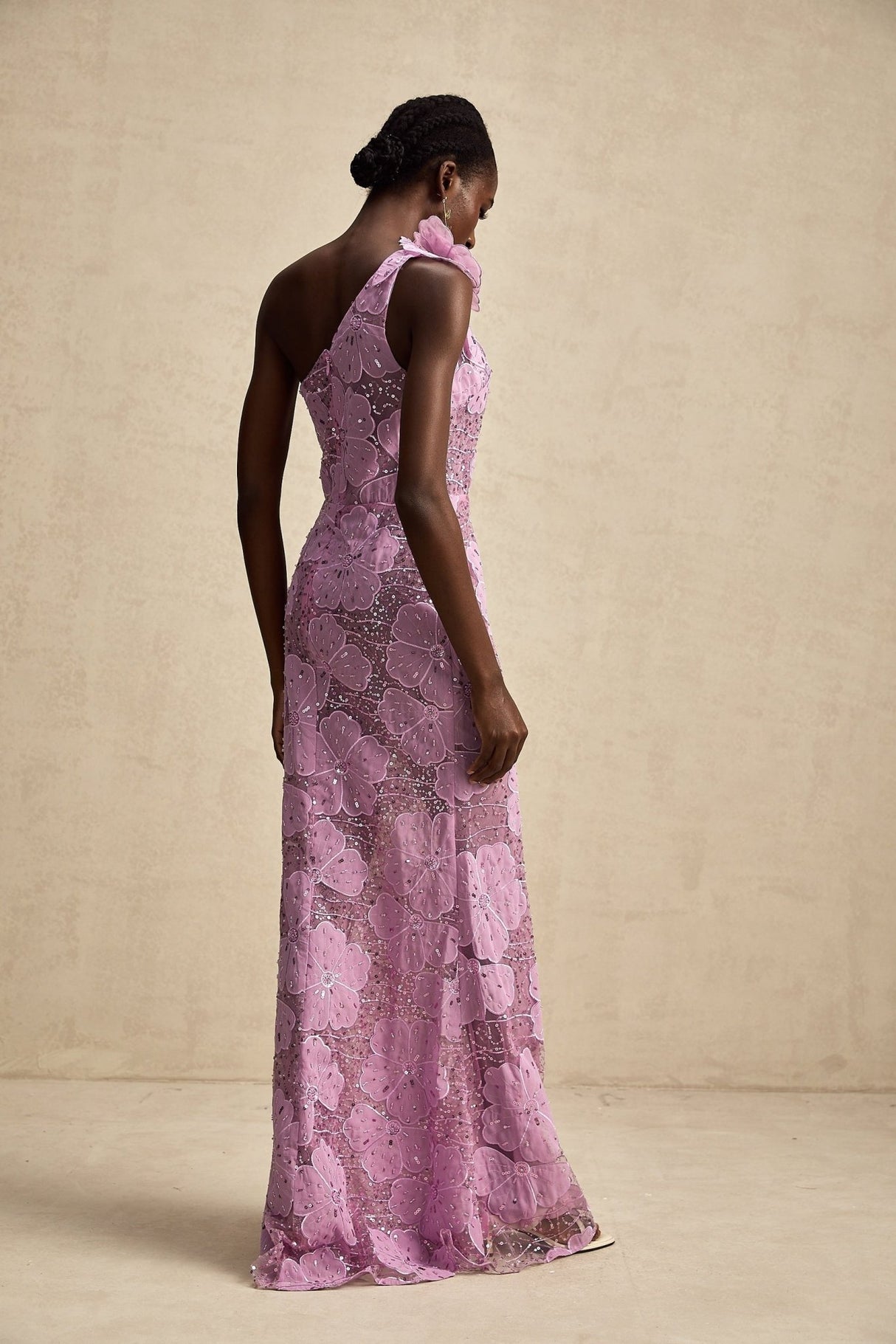 Sabrina Maxi Dress Purple Floral 3D Appliqué One - Shoulder
