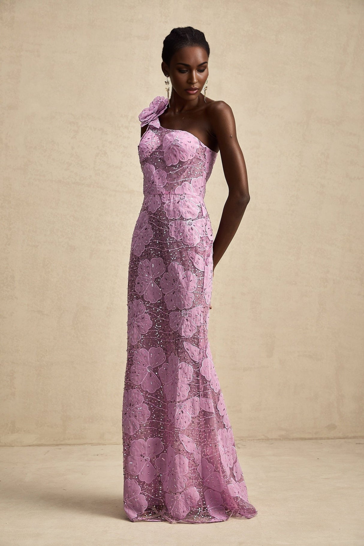 Sabrina Maxi Dress Purple Floral 3D Appliqué One - Shoulder