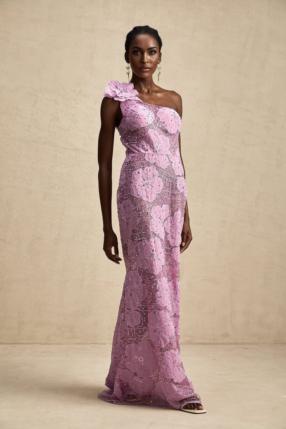 Sabrina Maxi Dress Purple Floral 3D Appliqué One - Shoulder