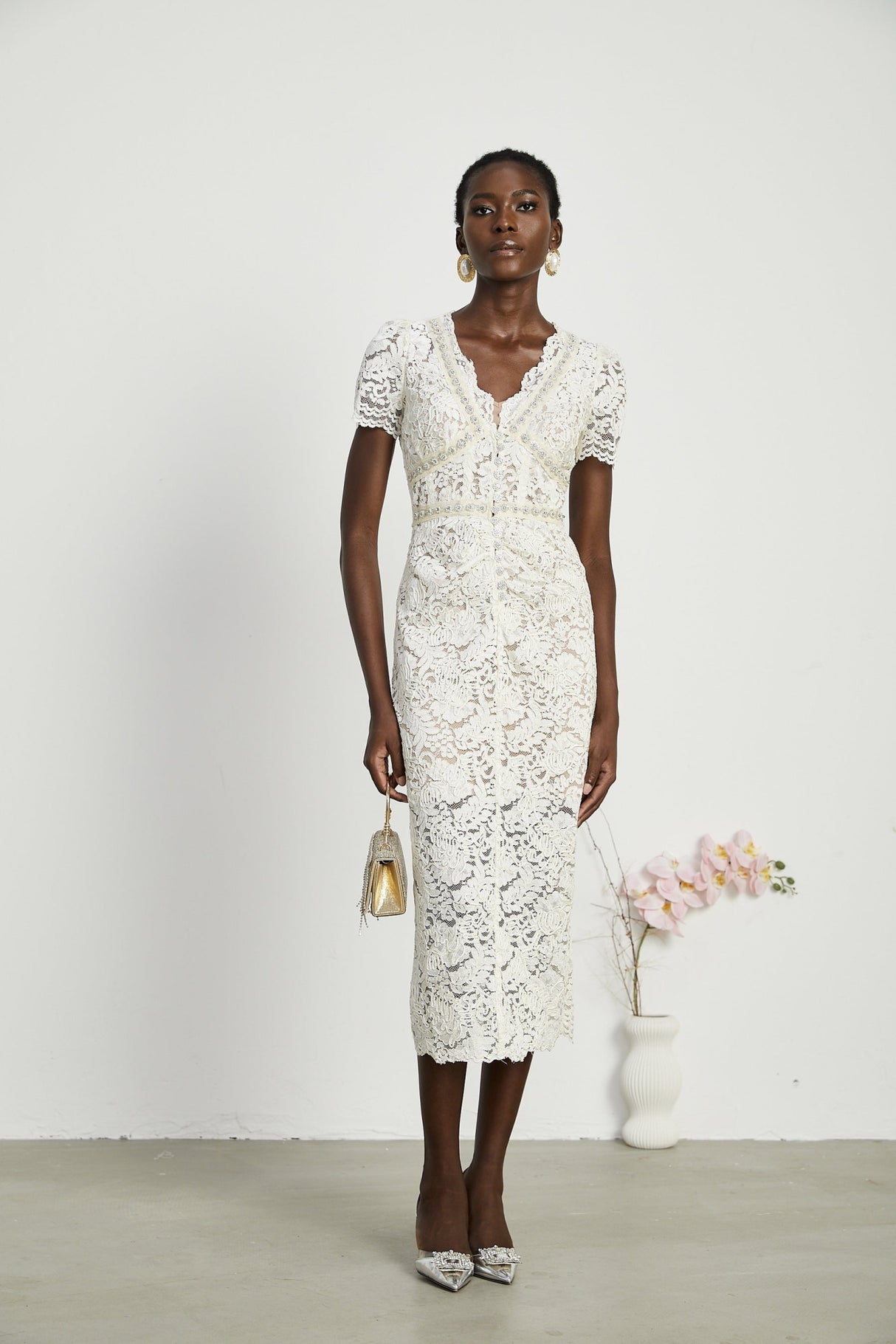 Sabrina Midi Dress White Crystal Embellished