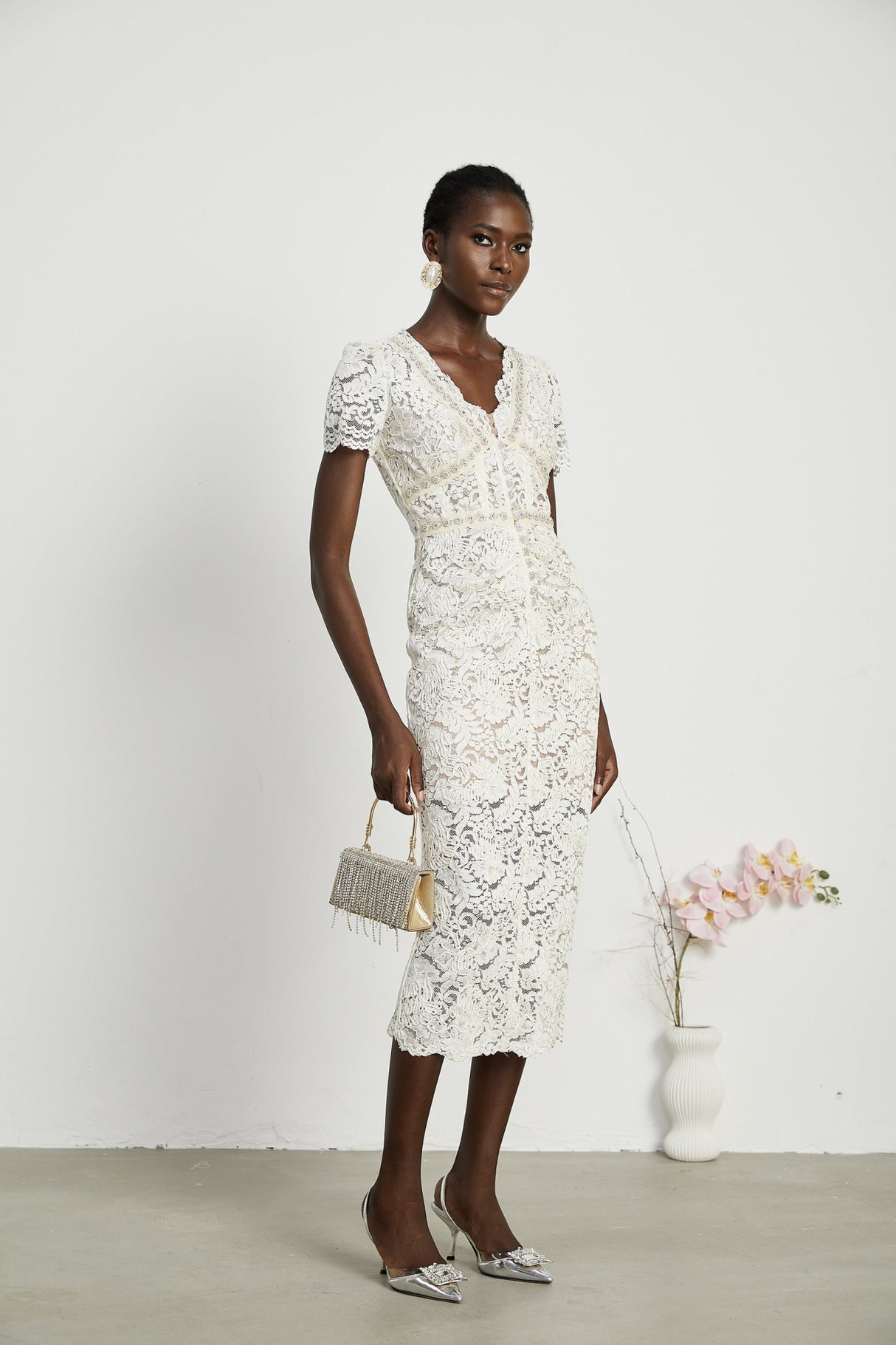 Sabrina Midi Dress White Crystal Embellished