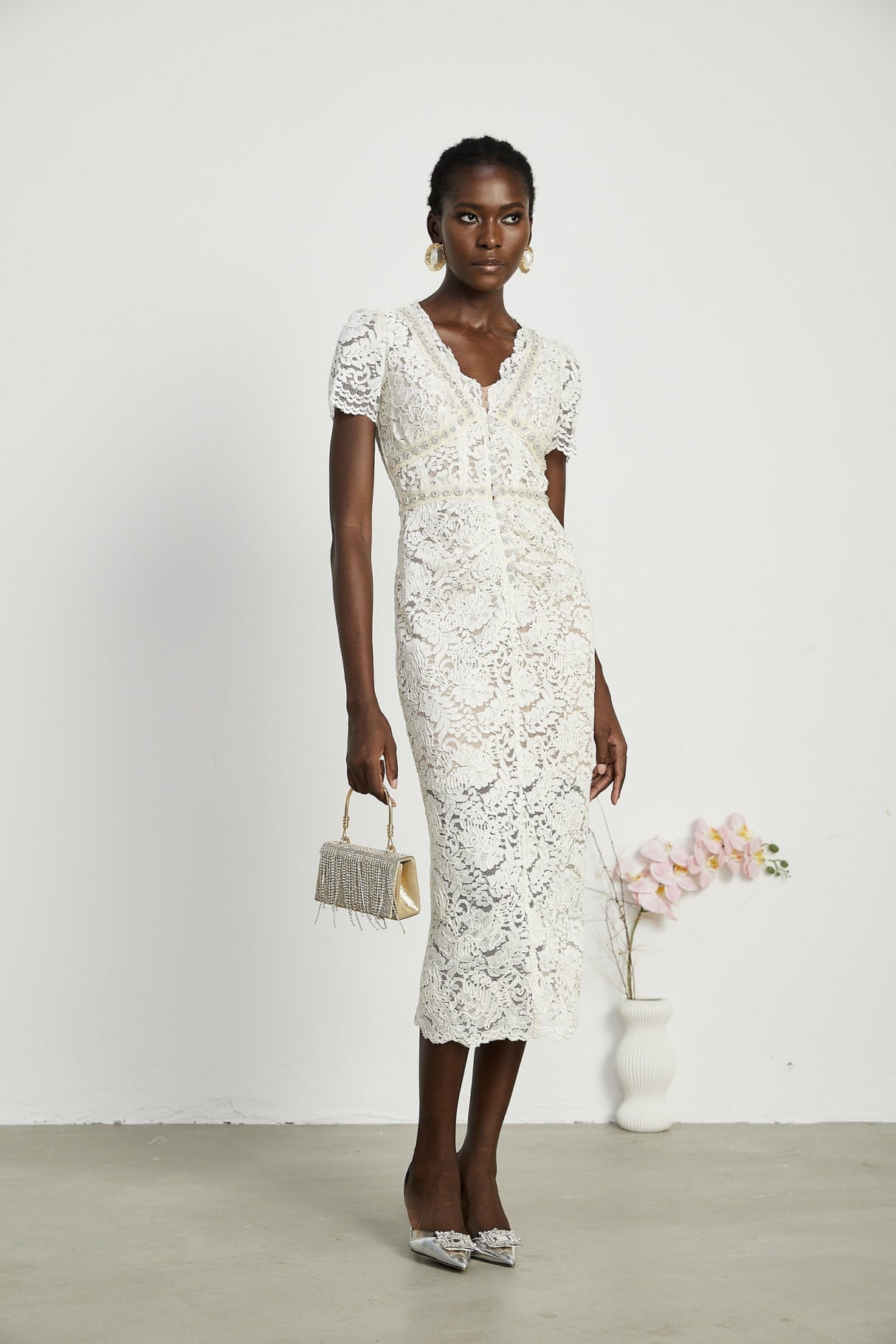 Sabrina Midi Dress White Crystal Embellished