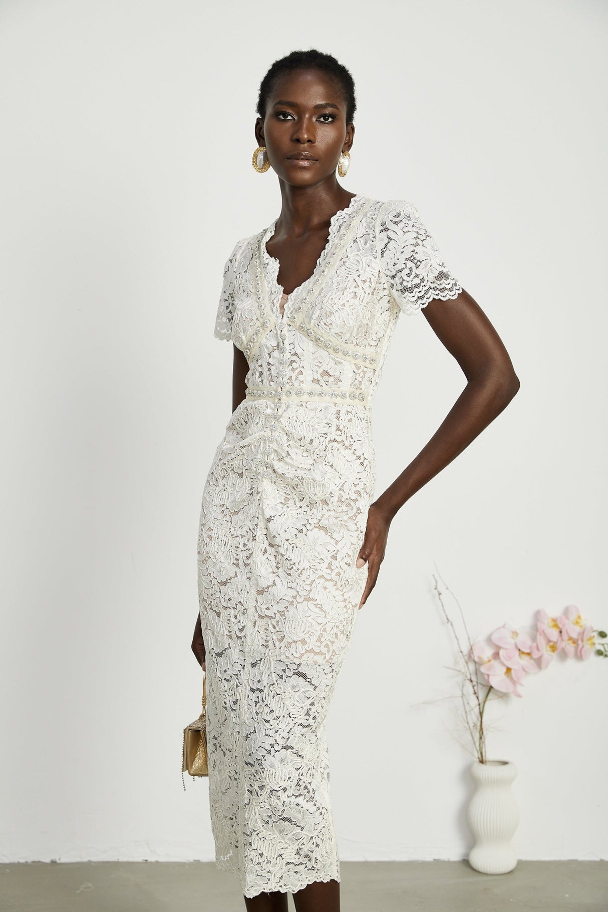 Sabrina Midi Dress White Crystal Embellished