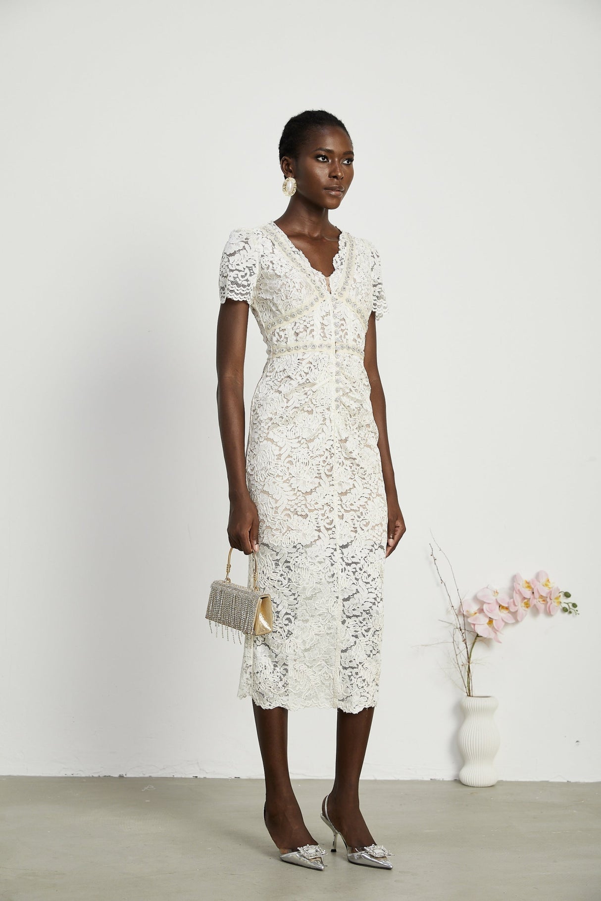 Sabrina Midi Dress White Crystal Embellished