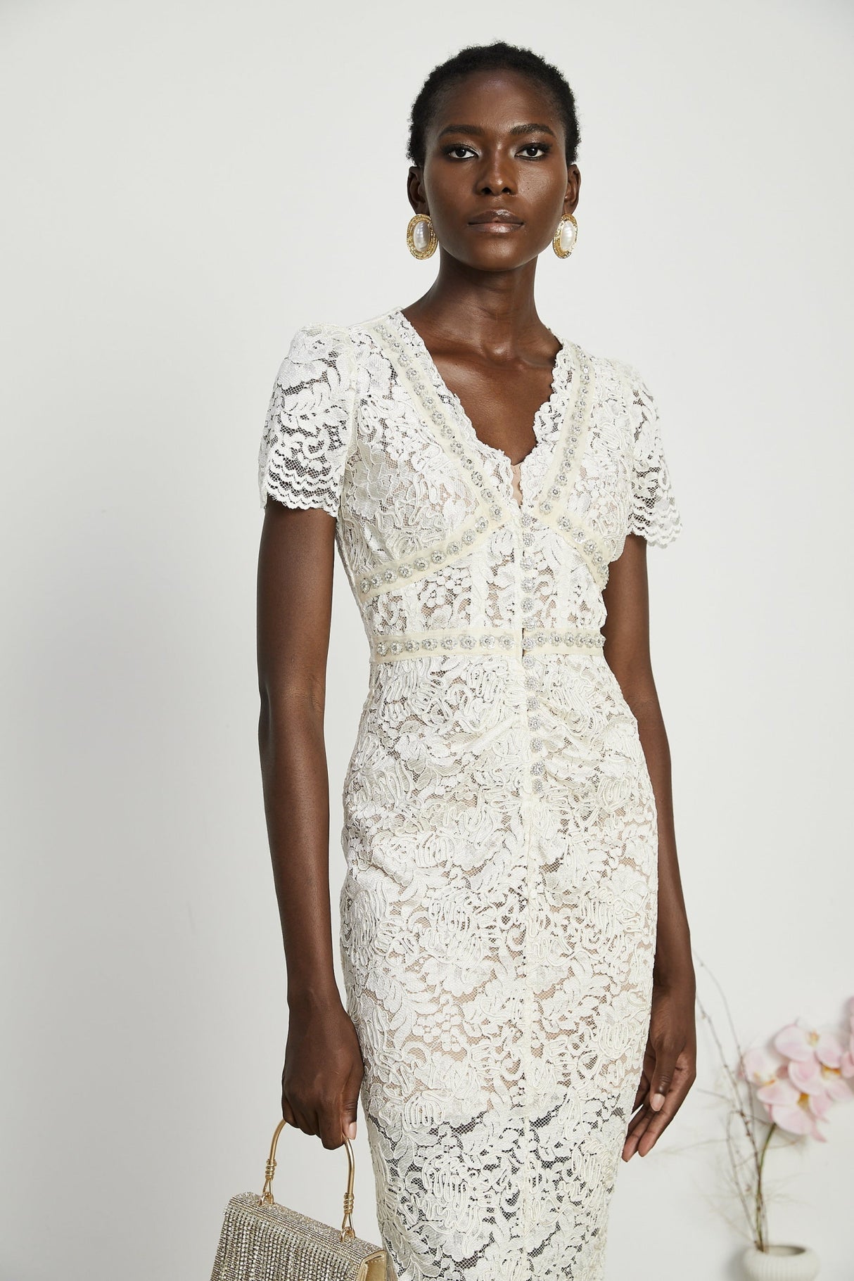 Sabrina Midi Dress White Crystal Embellished