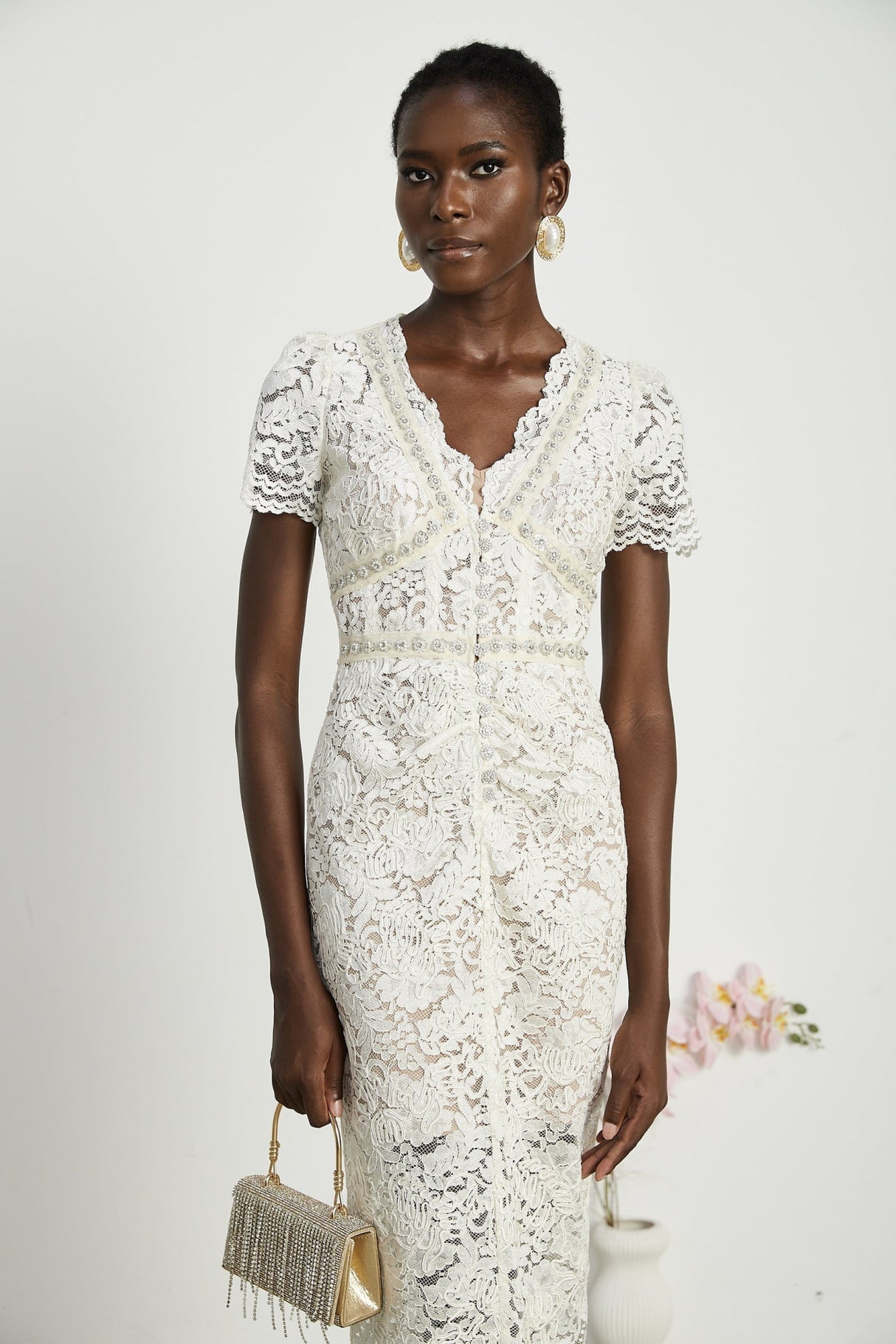 Sabrina Midi Dress White Crystal Embellished