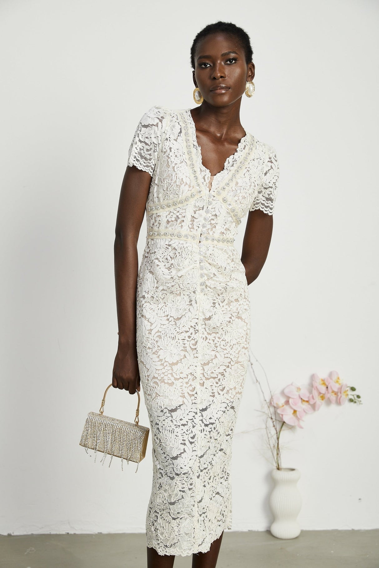 Sabrina Midi Dress White Crystal Embellished