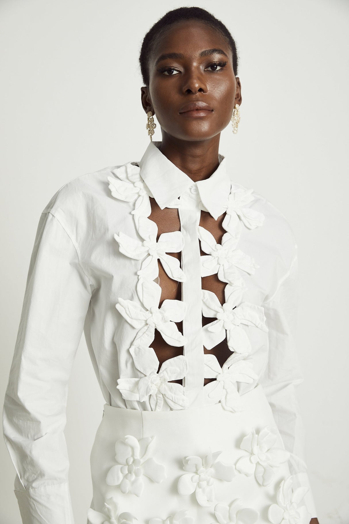 Sabrina Shirt White Floral 3D Cut Out Embellishment & Button Closure