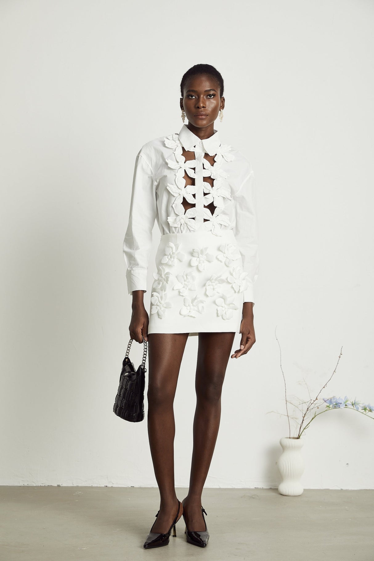 Sabrina Shirt White Floral 3D Cut Out Embellishment & Button Closure