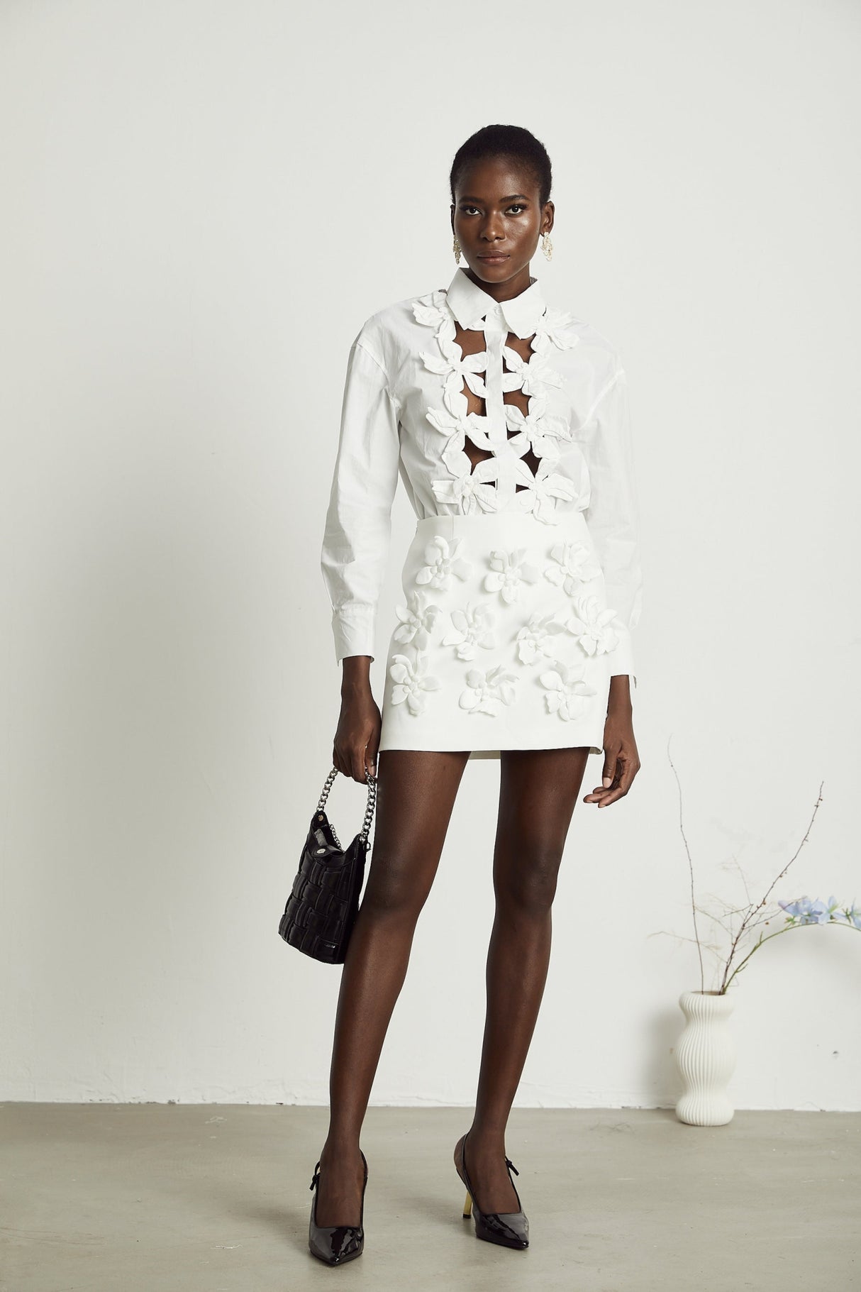 Sabrina Shirt White Floral 3D Cut Out Embellishment & Button Closure