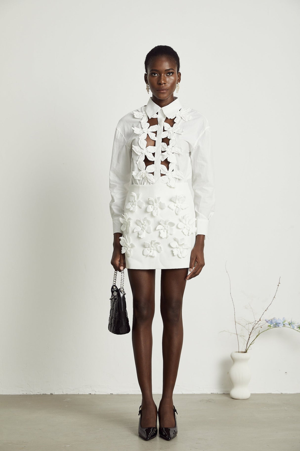 Sabrina Shirt White Floral 3D Cut Out Embellishment & Button Closure