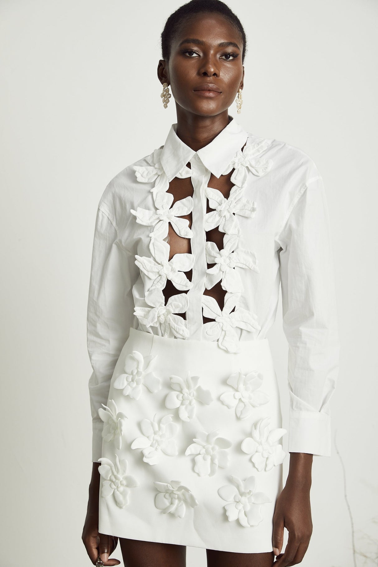 Sabrina Shirt White Floral 3D Cut Out Embellishment & Button Closure