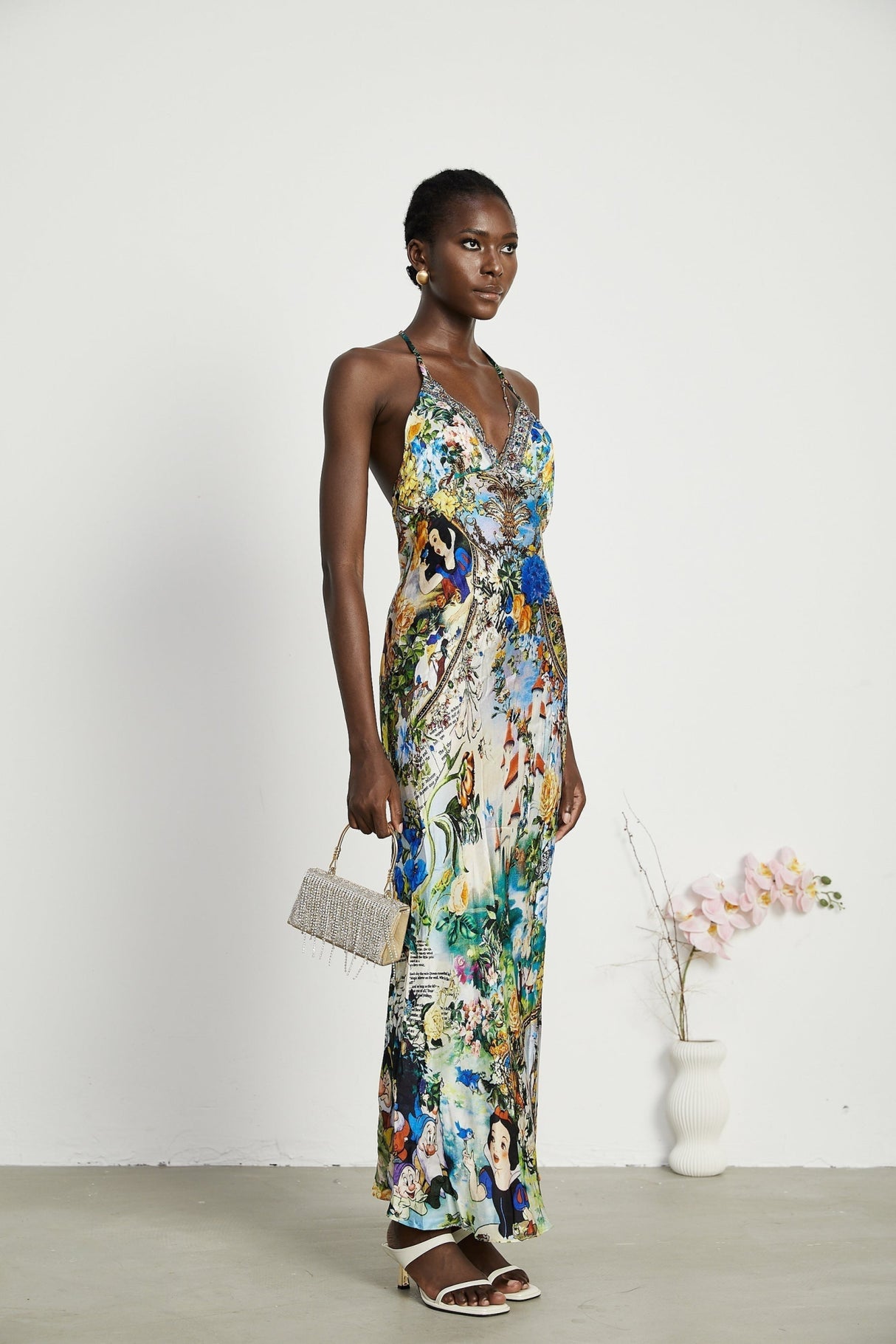 Sabrina Silk Floral Slip Dress with Chain Detail & Bias Cut