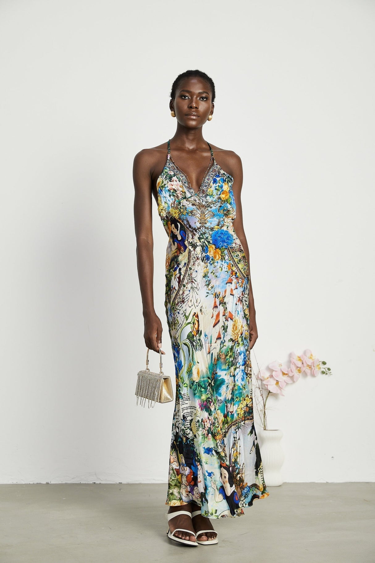 Sabrina Silk Floral Slip Dress with Chain Detail & Bias Cut